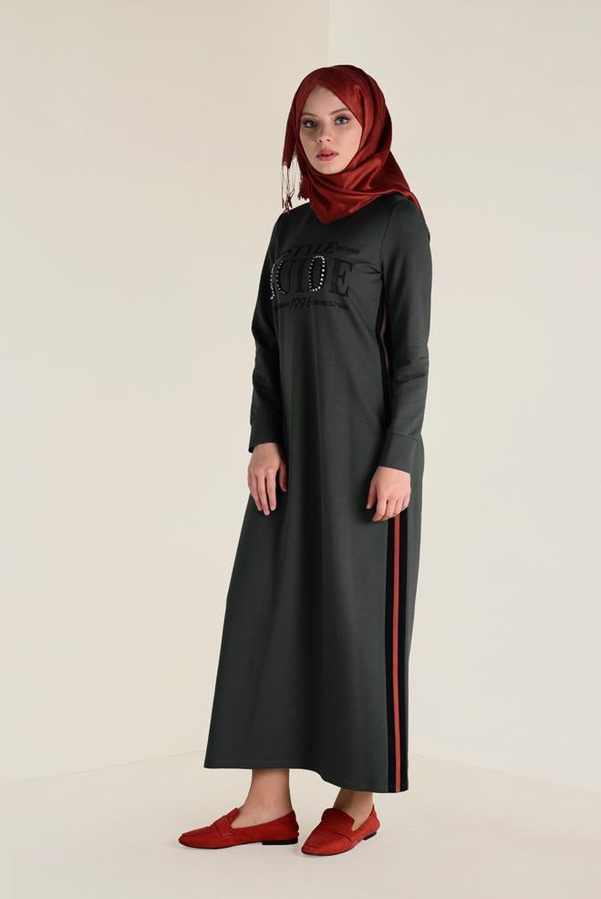 Hijab clothing KHAKI PRINTED SPORT DRESS 4555 - ALVİNA