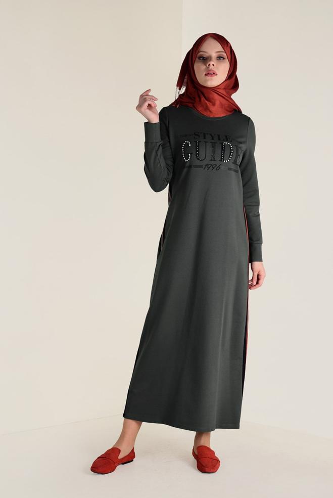 Hijab clothing KHAKI PRINTED SPORT DRESS 4555 - ALVİNA
