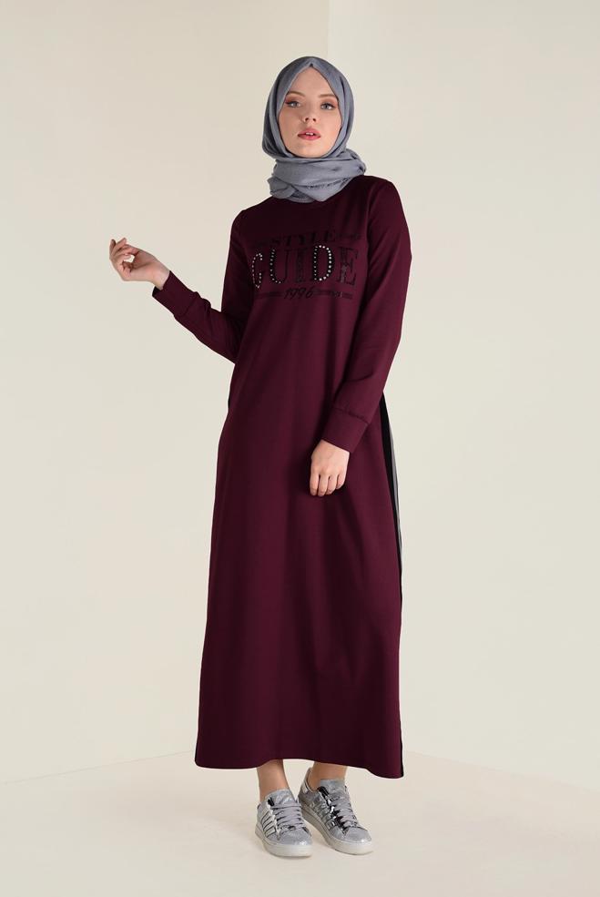 Hijab clothing CLARET RED PRINTED SPORT DRESS 4555 - ALVİNA