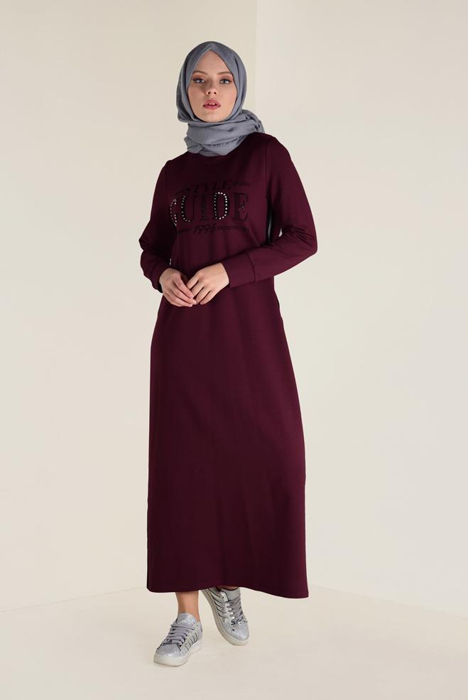 Hijab clothing CLARET RED PRINTED SPORT DRESS 4555 - ALVİNA