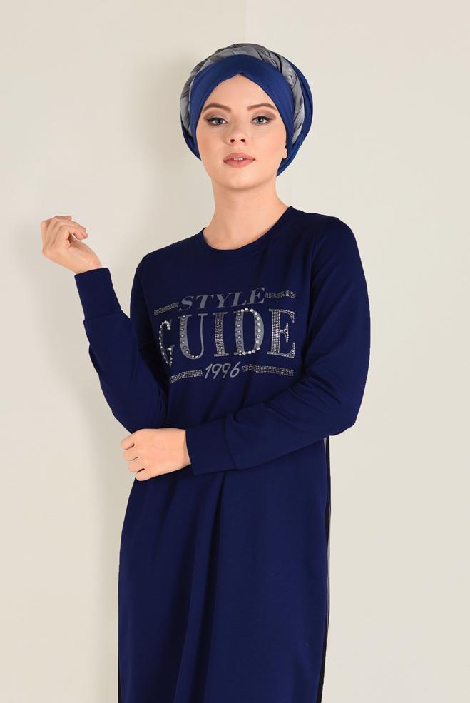 Hijab clothing NAVY BLUE PRINTED SPORT DRESS 4555 - ALVİNA