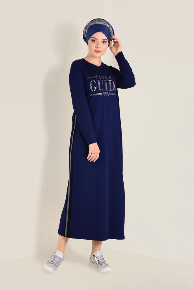 Hijab clothing NAVY BLUE PRINTED SPORT DRESS 4555 - ALVİNA