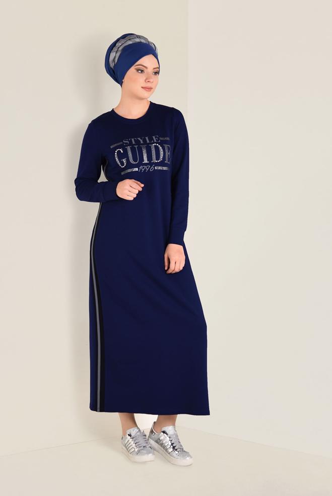 Hijab clothing NAVY BLUE PRINTED SPORT DRESS 4555 - ALVİNA