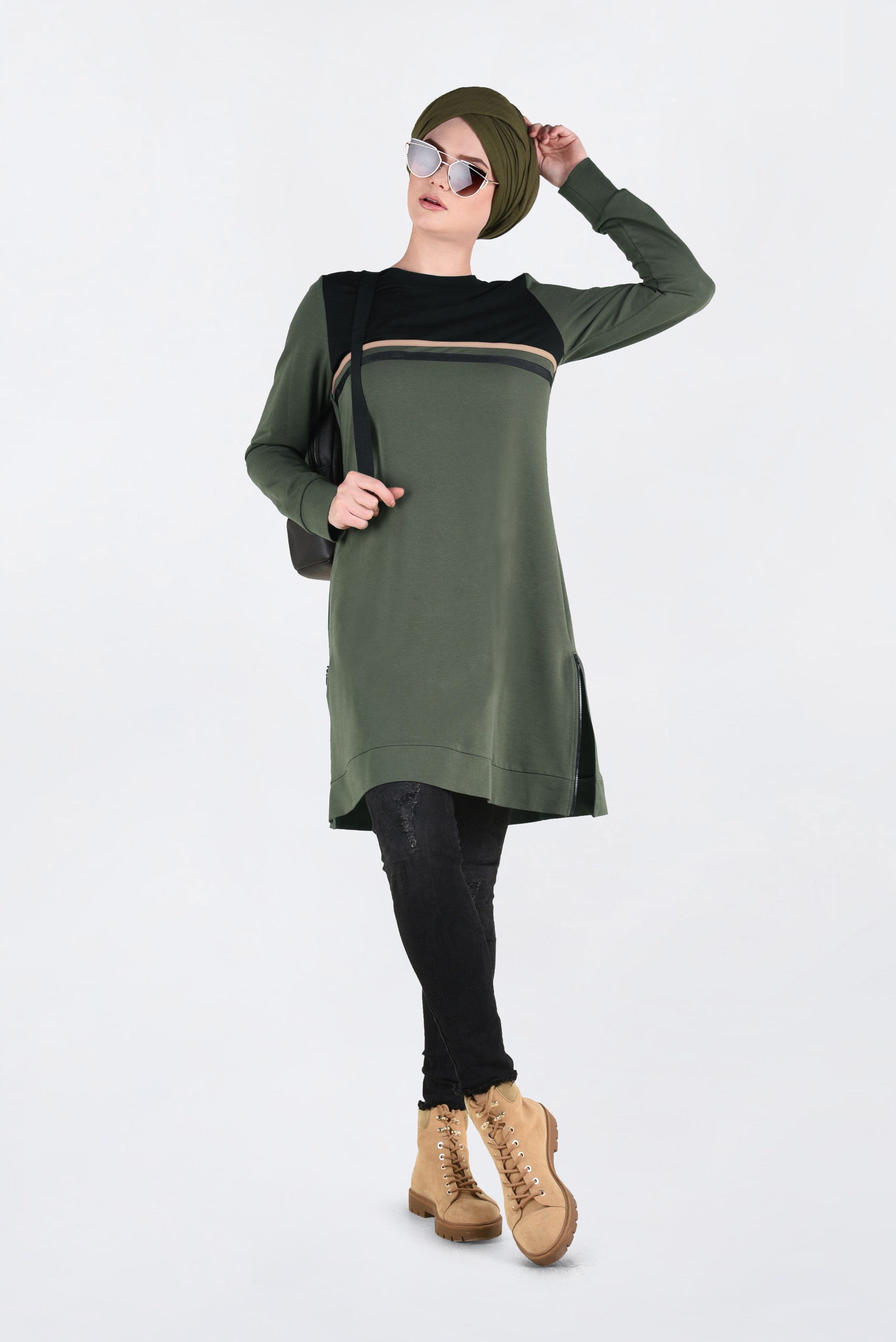 Tesettür giyim HAKİ ŞERİT DETAYLI EŞOFMAN TUNİK 4716