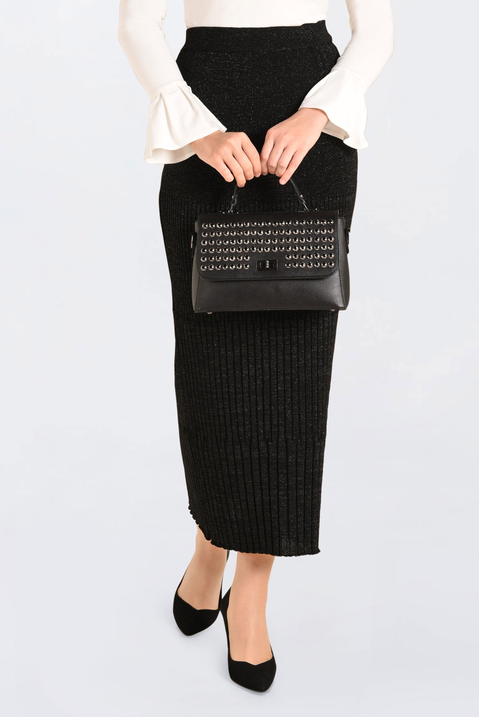 Tesettür giyim SİYAH BELİ LASTİKLİ SİMLİ ETEK 6240