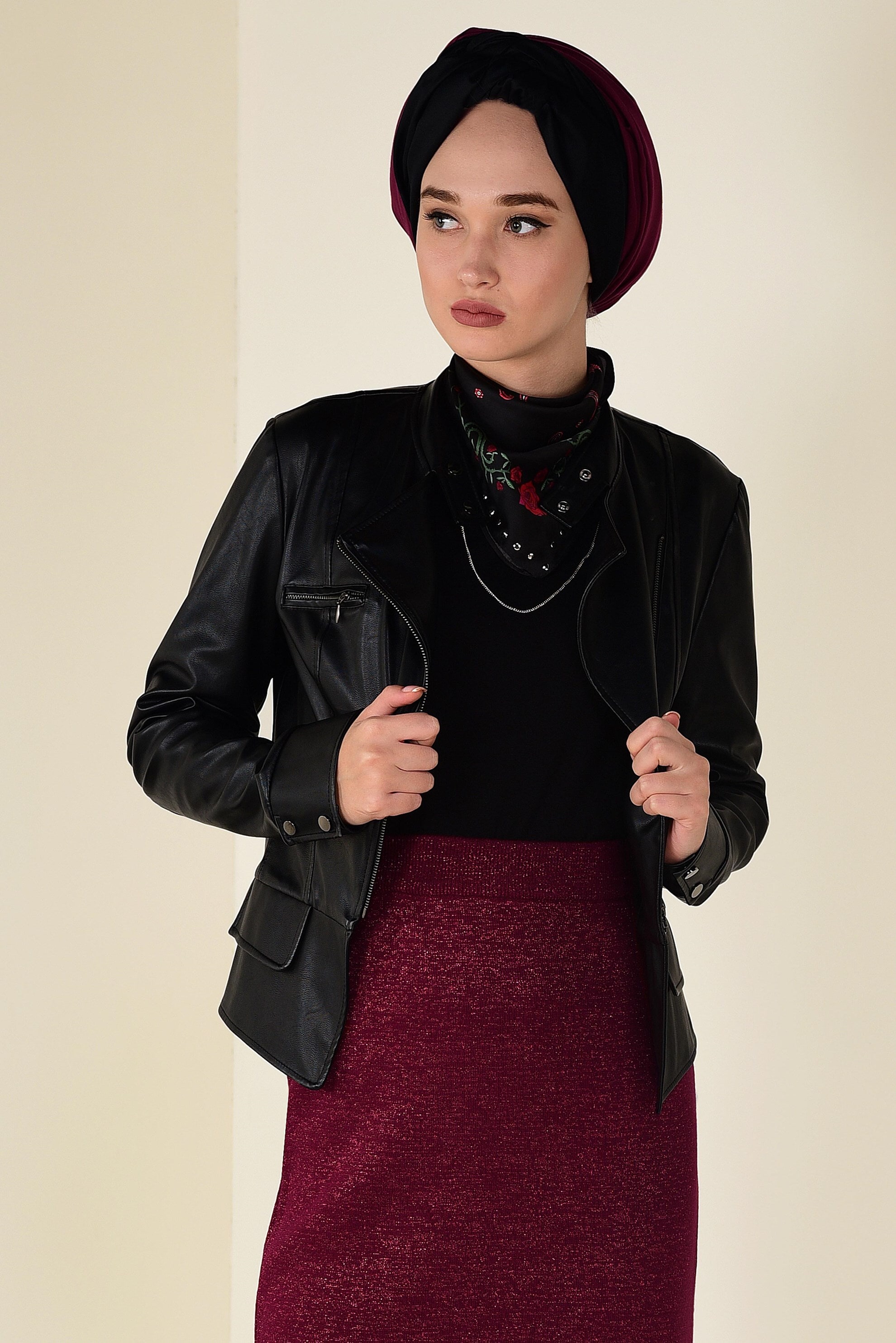 Tesettür giyim BORDO SİMLİ TRİKO ETEK 6241