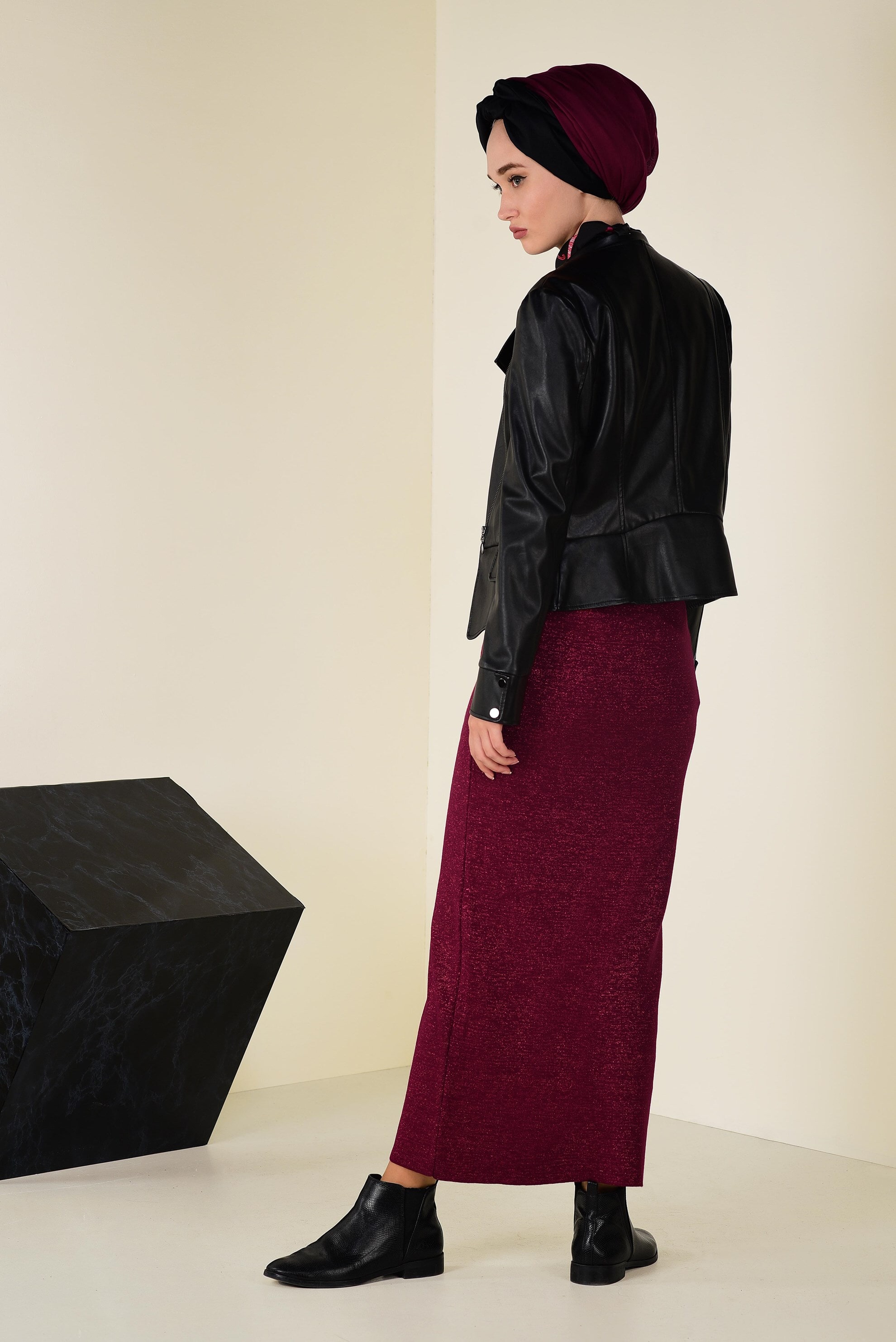 Tesettür giyim BORDO SİMLİ TRİKO ETEK 6241