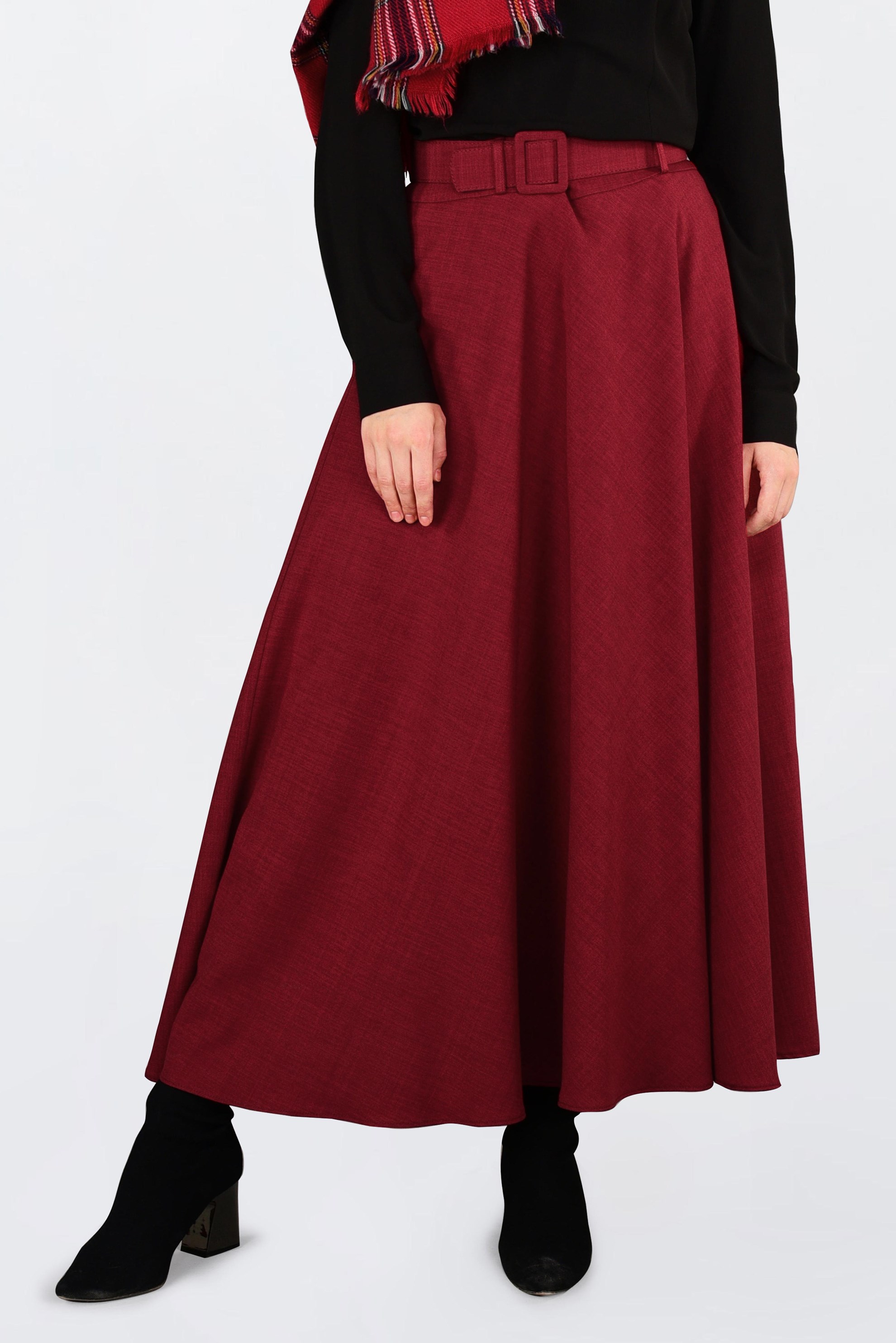 Tesettür giyim KIRMIZI BELİ KEMERLİ ÇAN ETEK 6243 