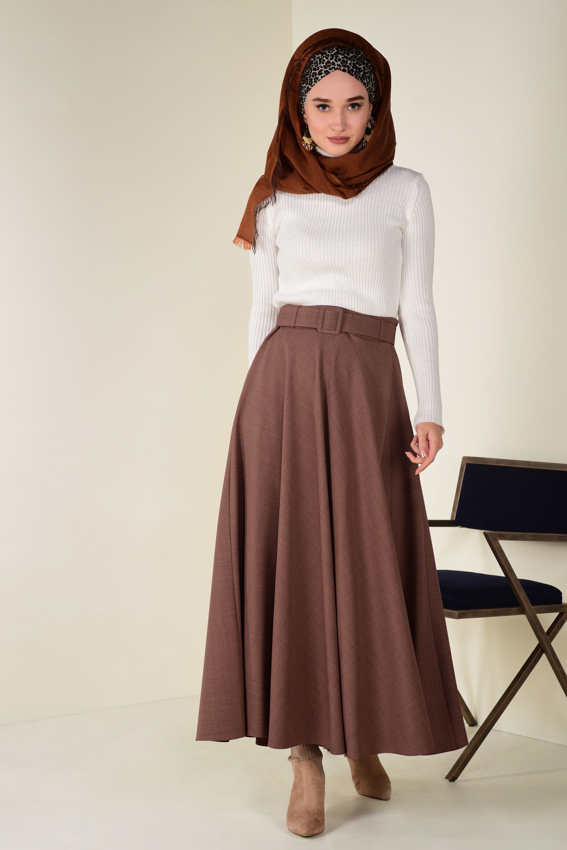 Tesettür giyim KAHVE BELİ KEMERLİ ÇAN ETEK 6243 