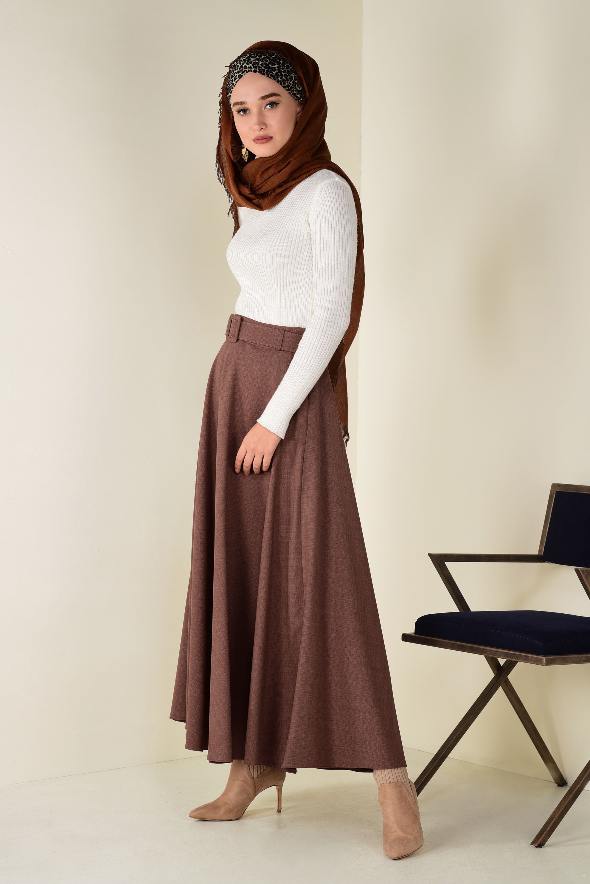 Tesettür giyim KAHVE BELİ KEMERLİ ÇAN ETEK 6243 