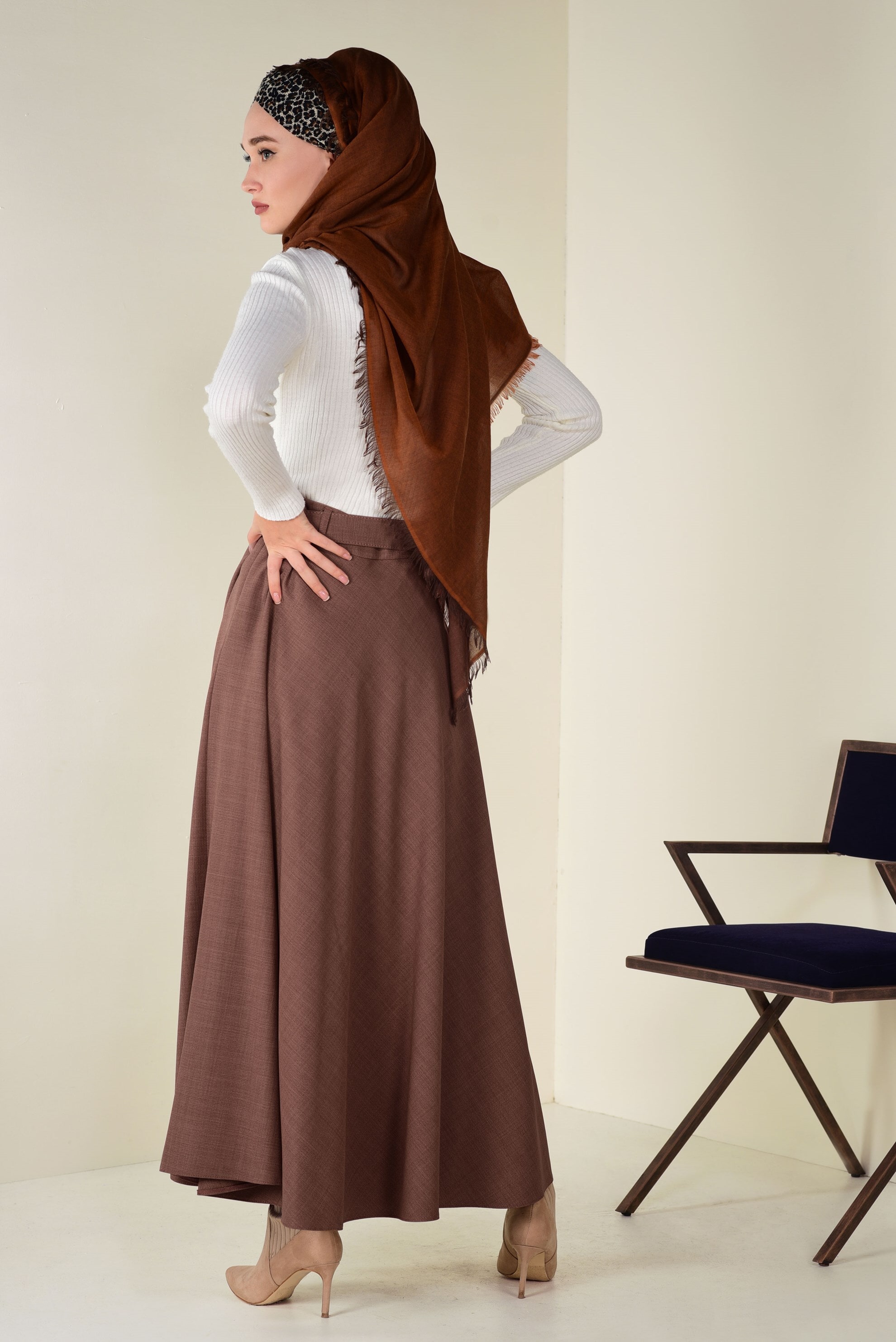 Tesettür giyim KAHVE BELİ KEMERLİ ÇAN ETEK 6243 