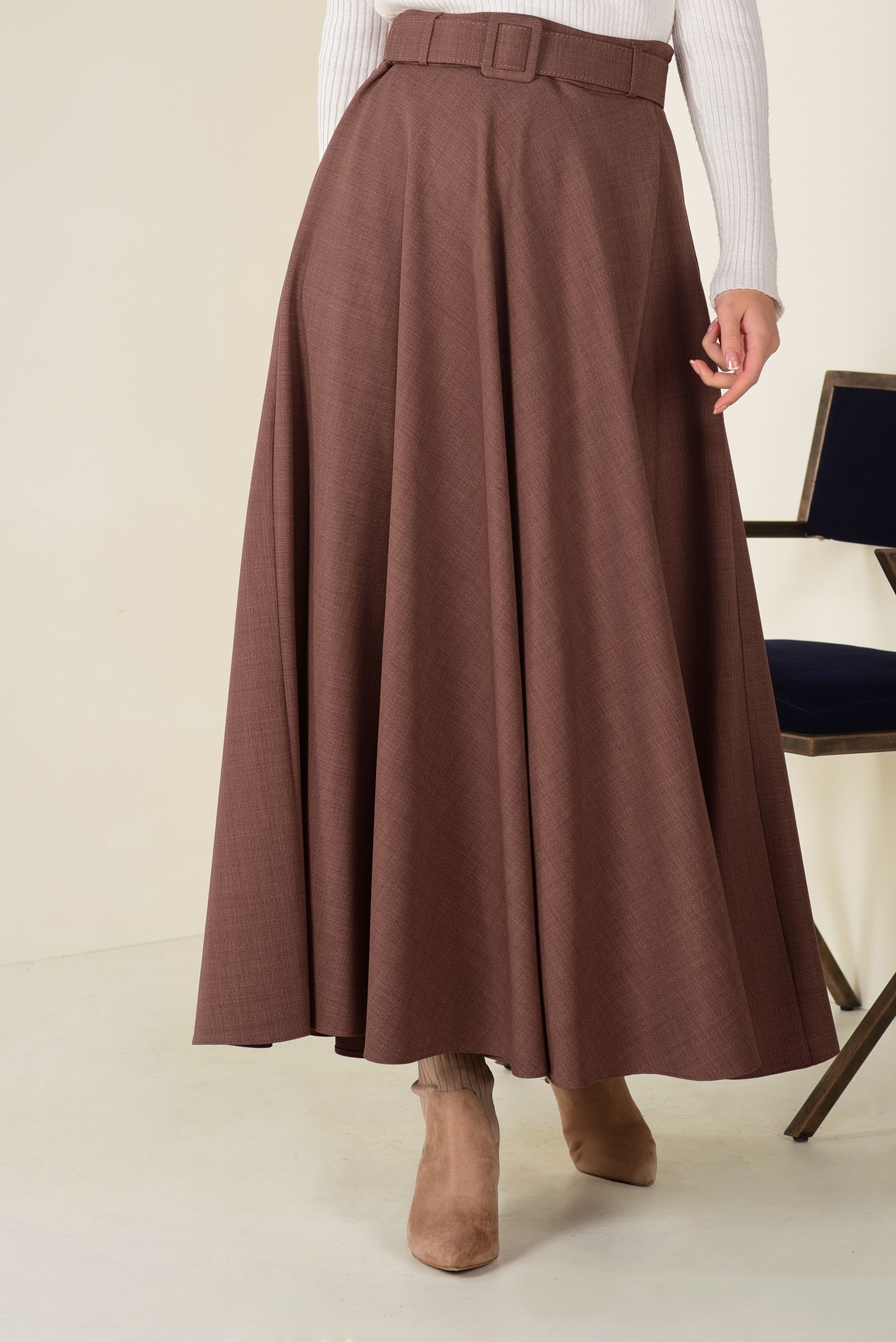 Tesettür giyim KAHVE BELİ KEMERLİ ÇAN ETEK 6243 