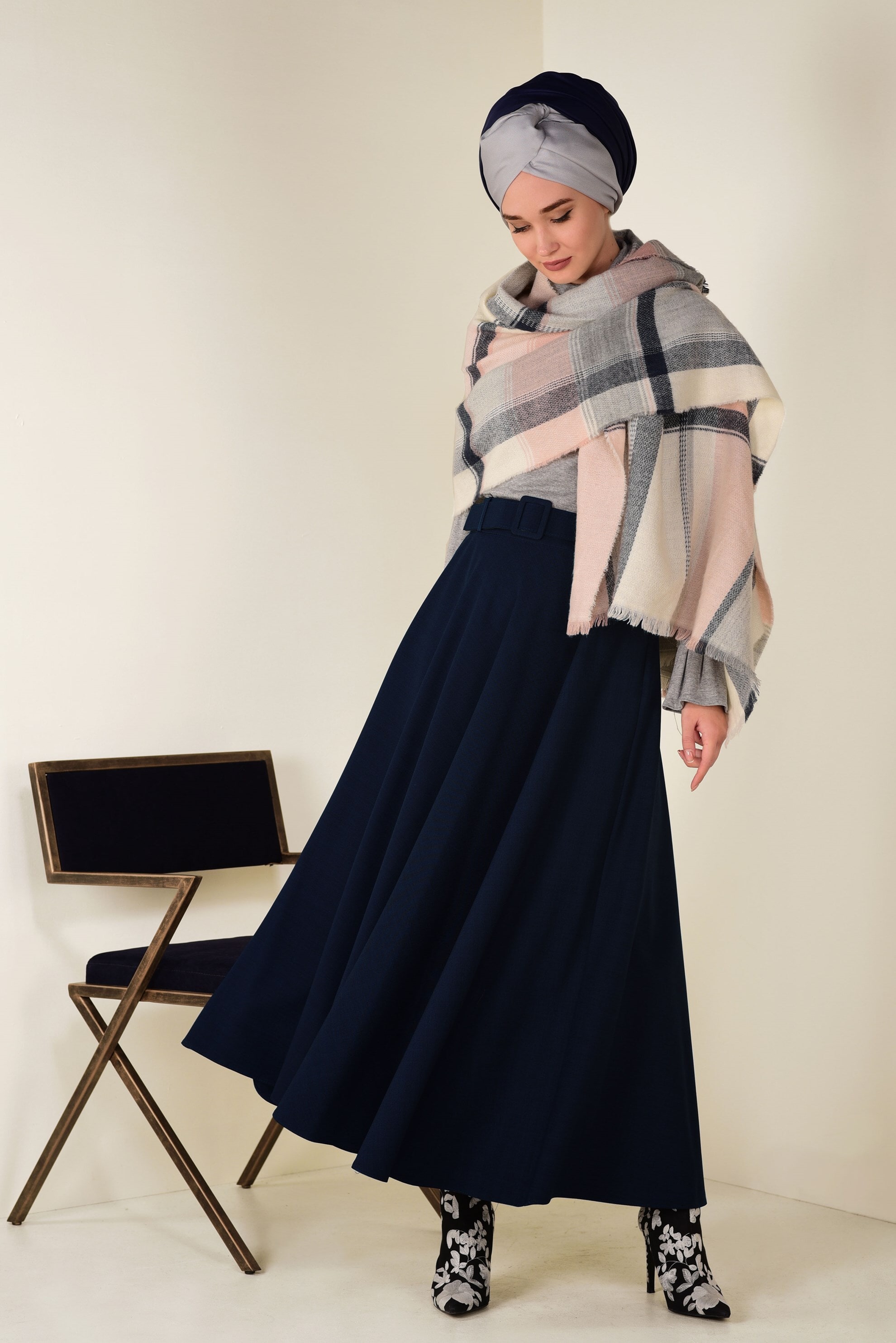 Tesettür giyim LACİVERT BELİ KEMERLİ ÇAN ETEK 6243 