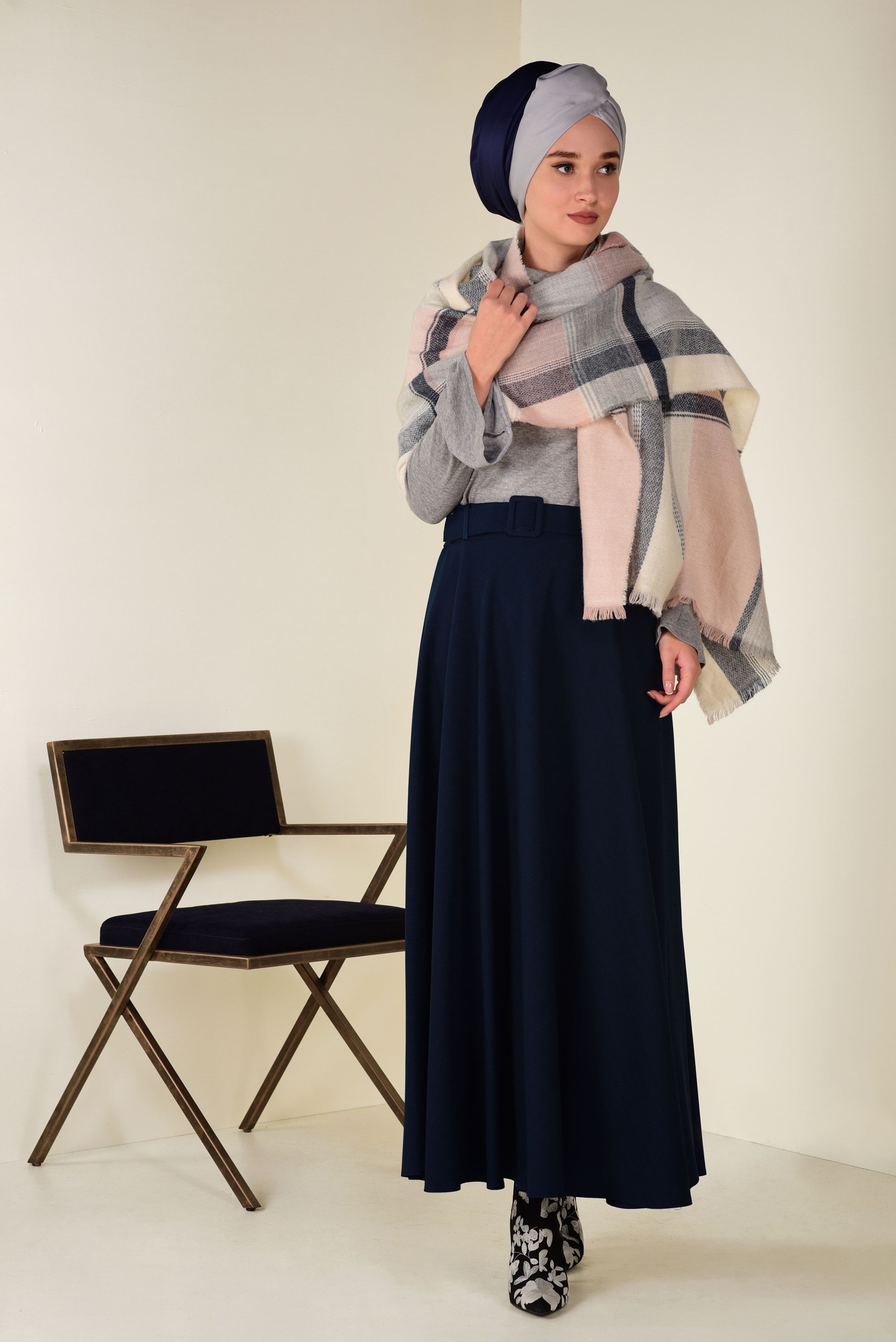 Tesettür giyim LACİVERT BELİ KEMERLİ ÇAN ETEK 6243 