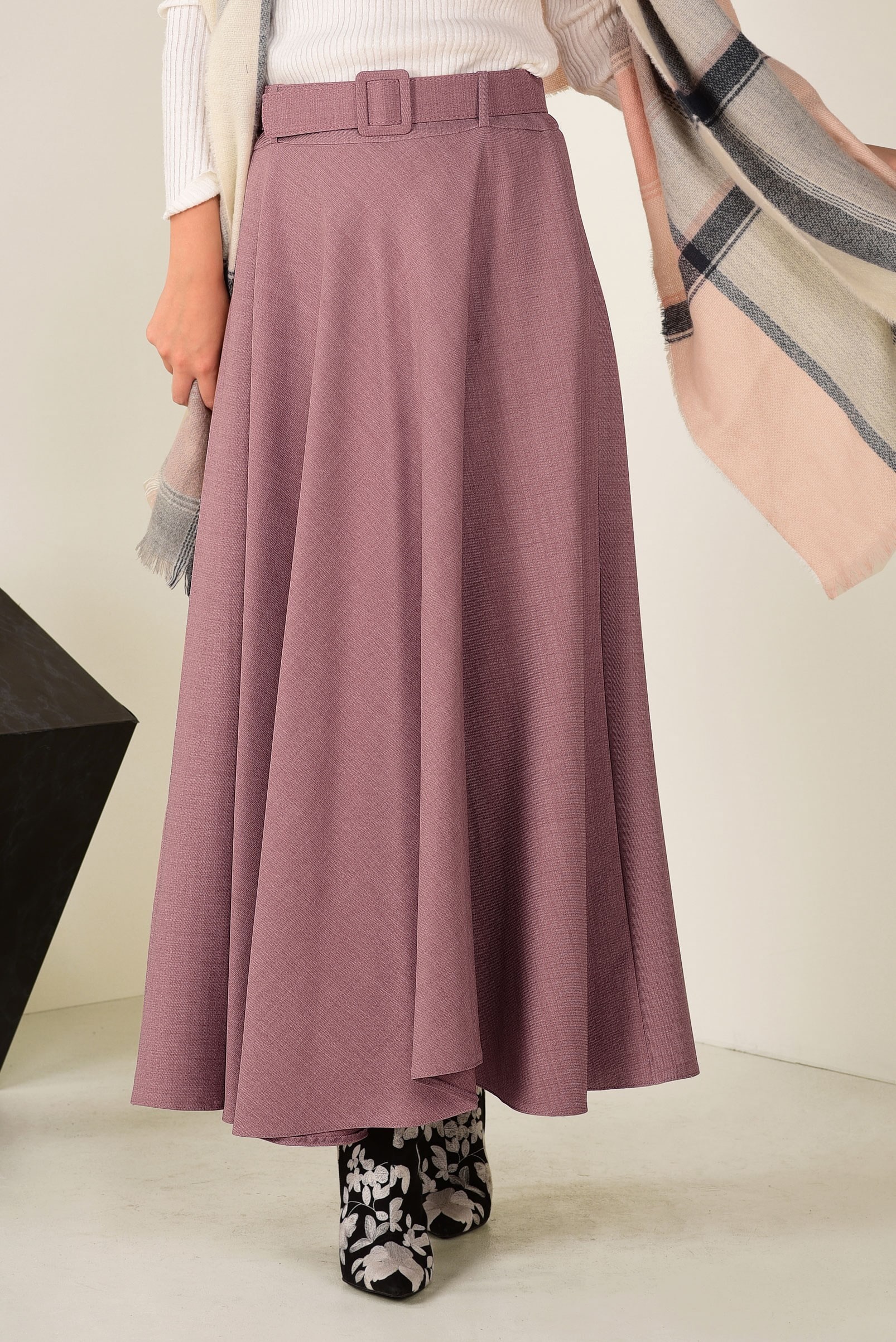 Tesettür giyim PUDRA BELİ KEMERLİ ÇAN ETEK 6243 