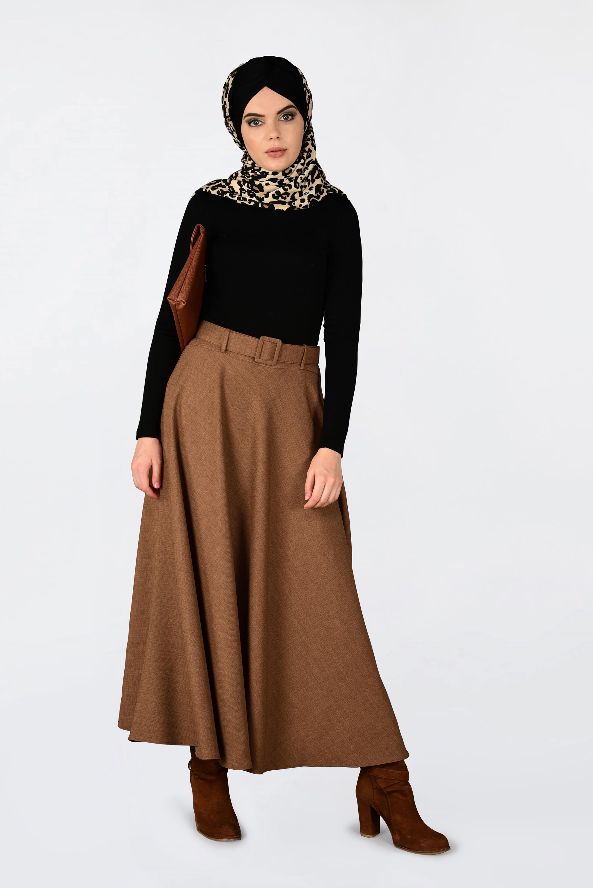 Tesettür giyim KAHVE BELİ KEMERLİ ÇAN ETEK 6243 