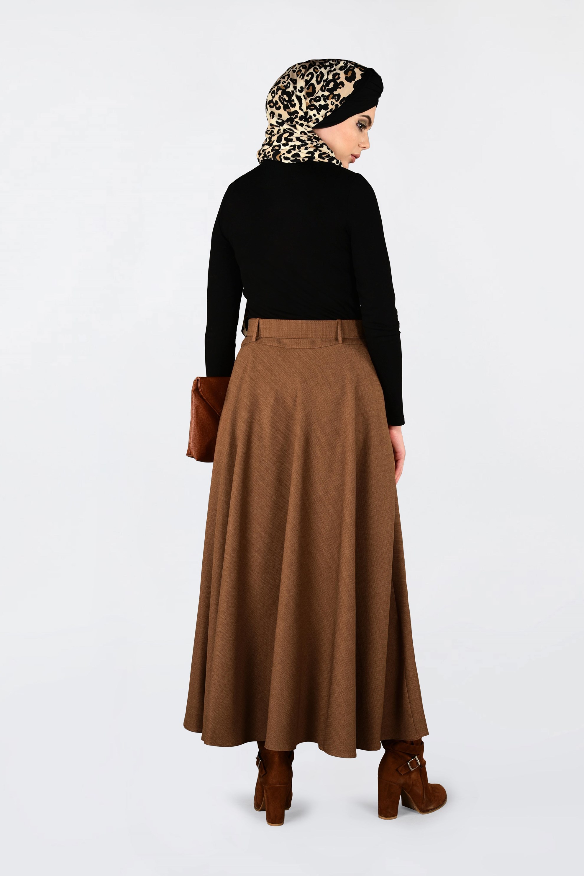 Tesettür giyim KAHVE BELİ KEMERLİ ÇAN ETEK 6243 