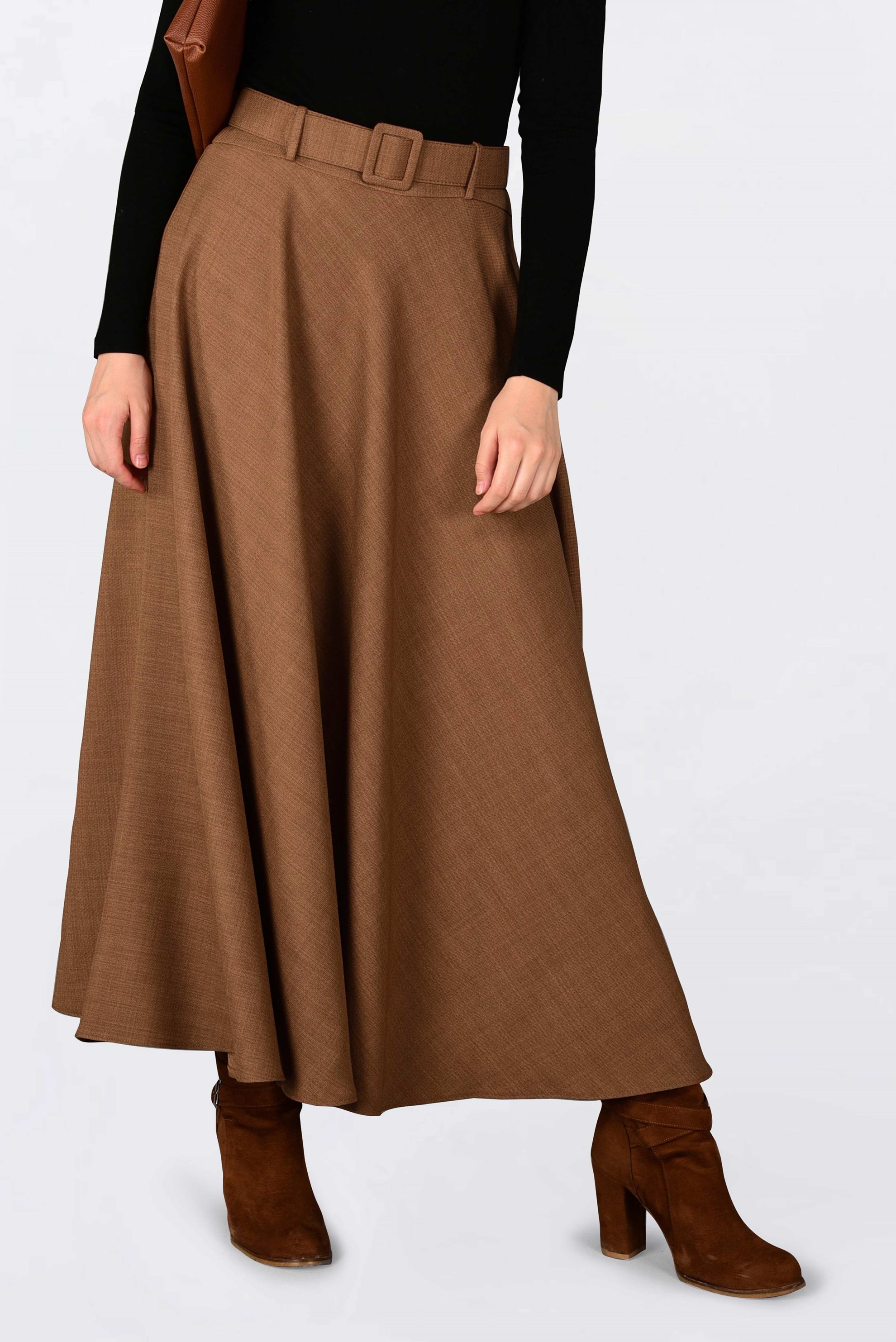 Tesettür giyim KAHVE BELİ KEMERLİ ÇAN ETEK 6243 