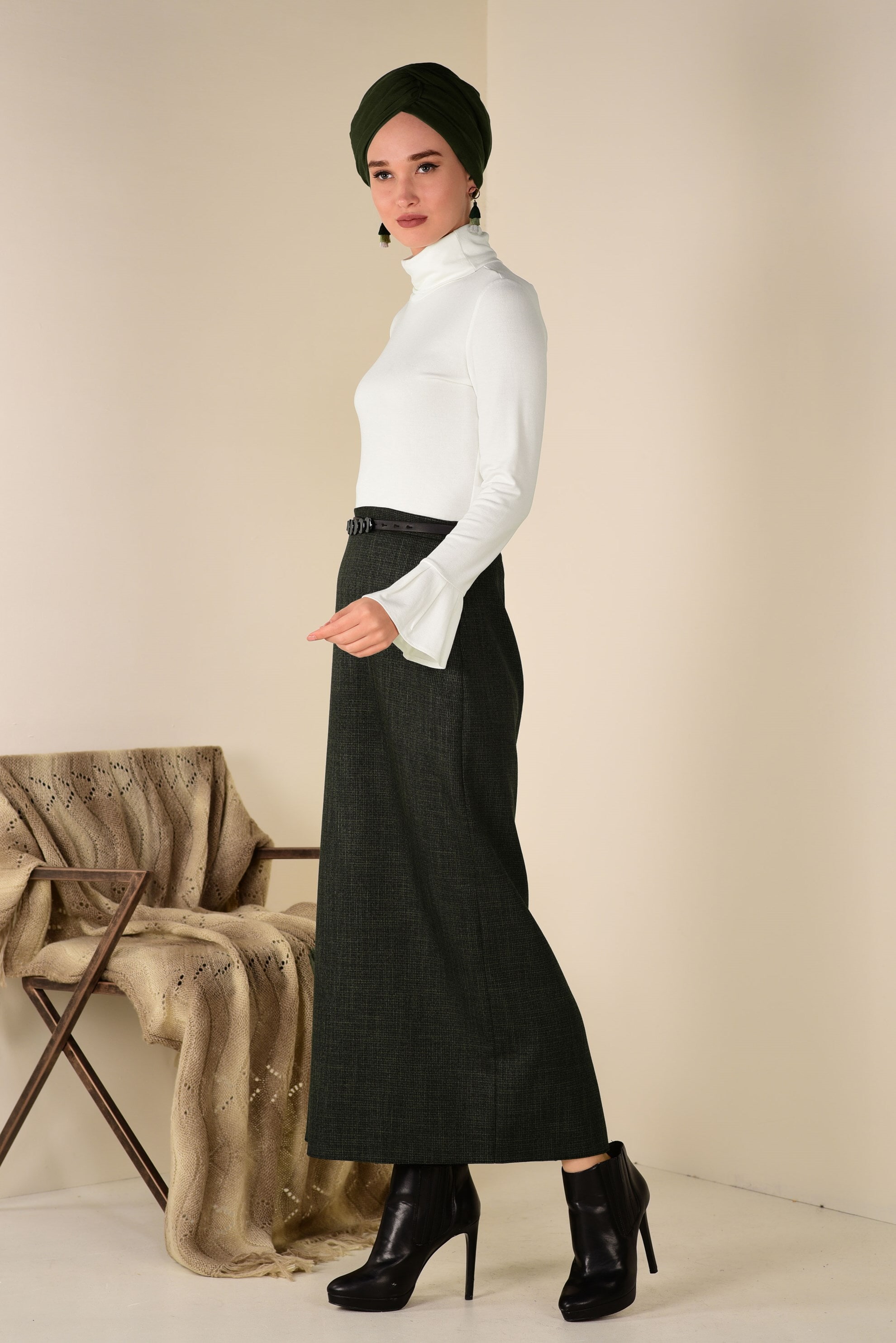 Tesettür giyim HAKİ ÇİFT RENKLİ KEMERLİ ETEK 6244