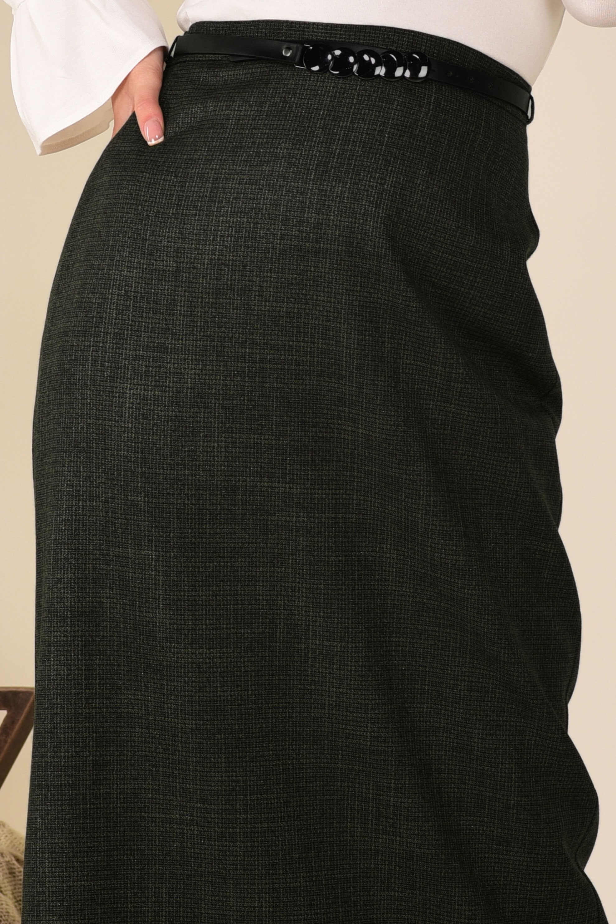 Tesettür giyim HAKİ ÇİFT RENKLİ KEMERLİ ETEK 6244