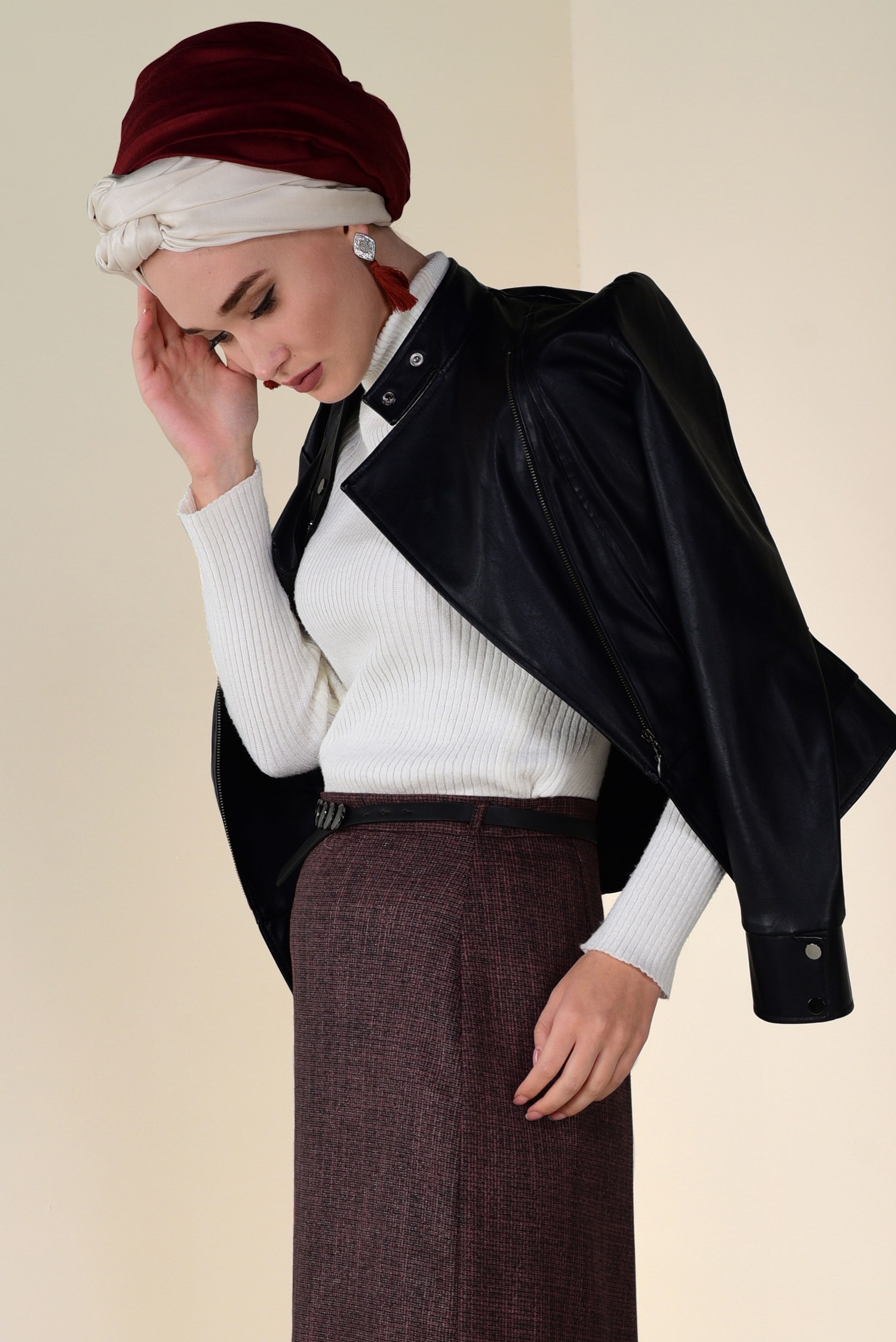 Tesettür giyim TURUNCU ÇİFT RENKLİ KEMERLİ ETEK 6244