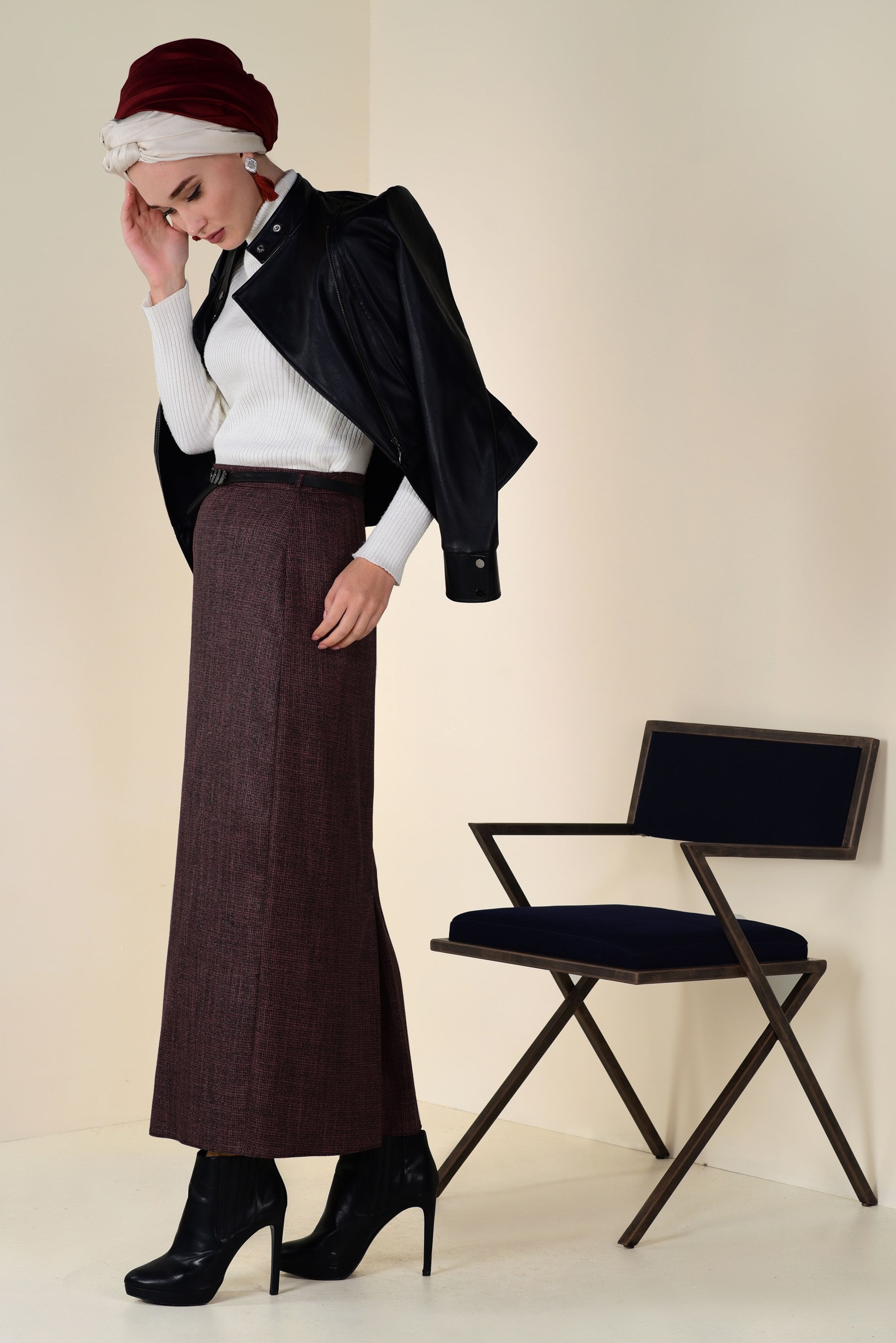 Tesettür giyim TURUNCU ÇİFT RENKLİ KEMERLİ ETEK 6244