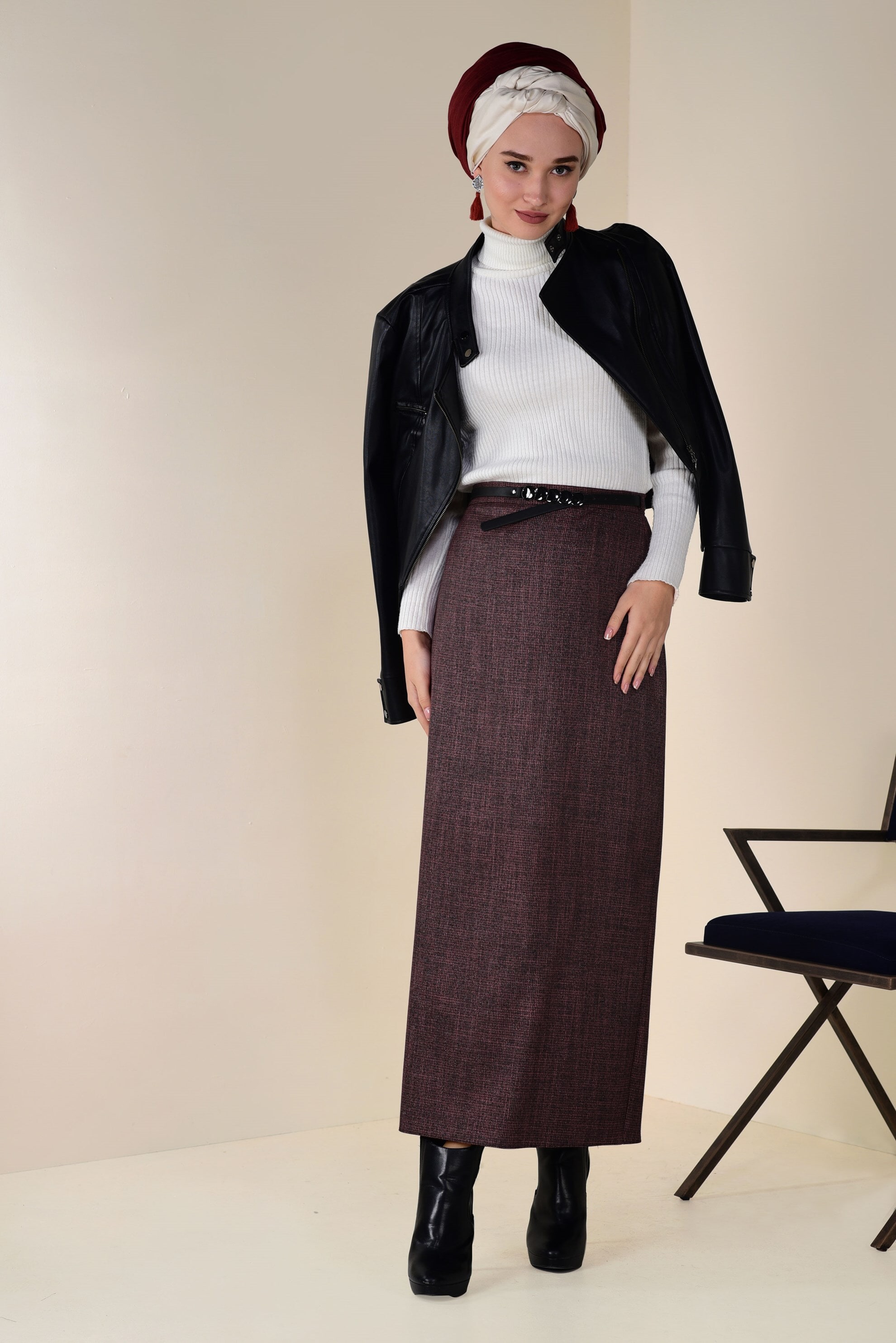 Tesettür giyim TURUNCU ÇİFT RENKLİ KEMERLİ ETEK 6244