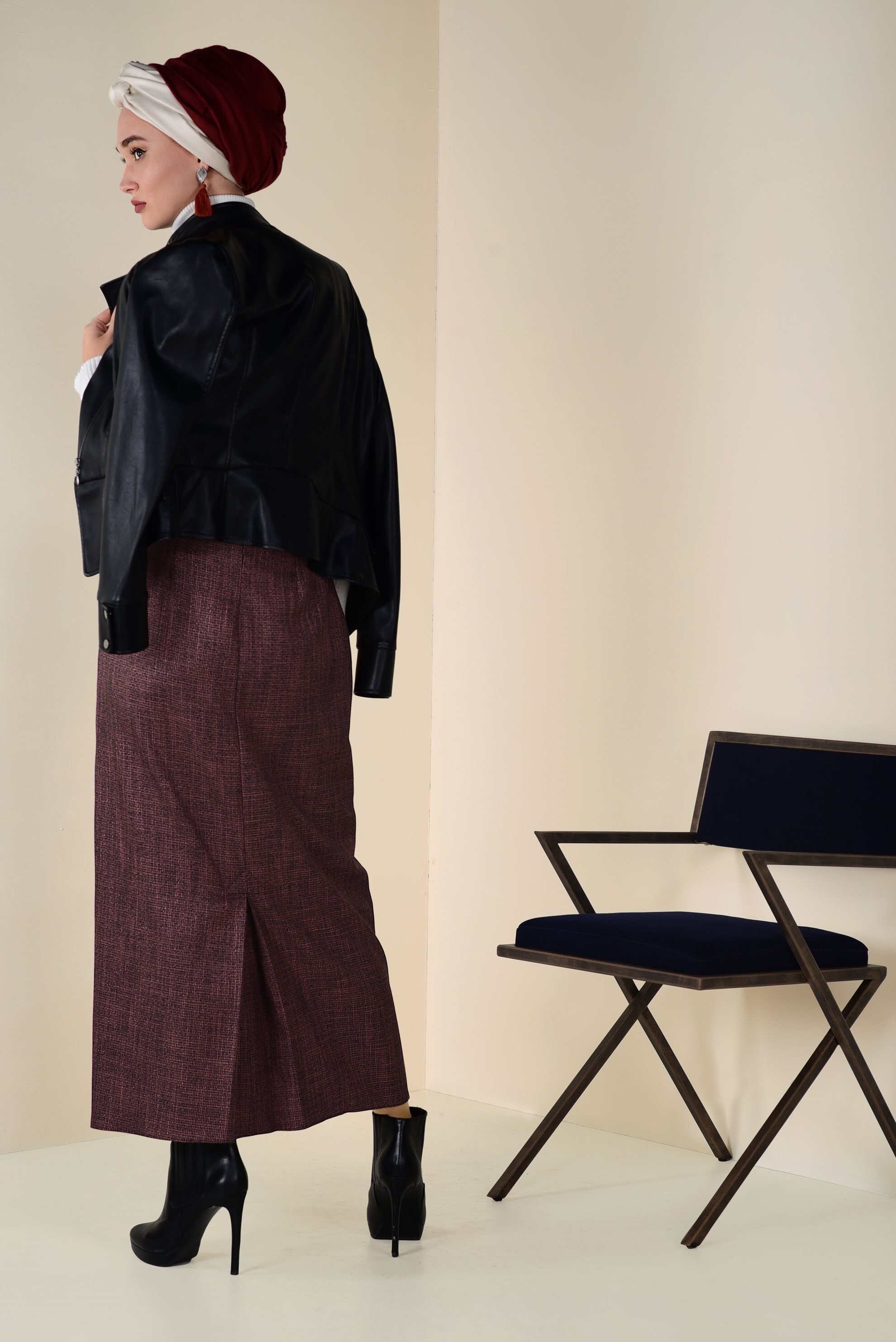 Tesettür giyim TURUNCU ÇİFT RENKLİ KEMERLİ ETEK 6244