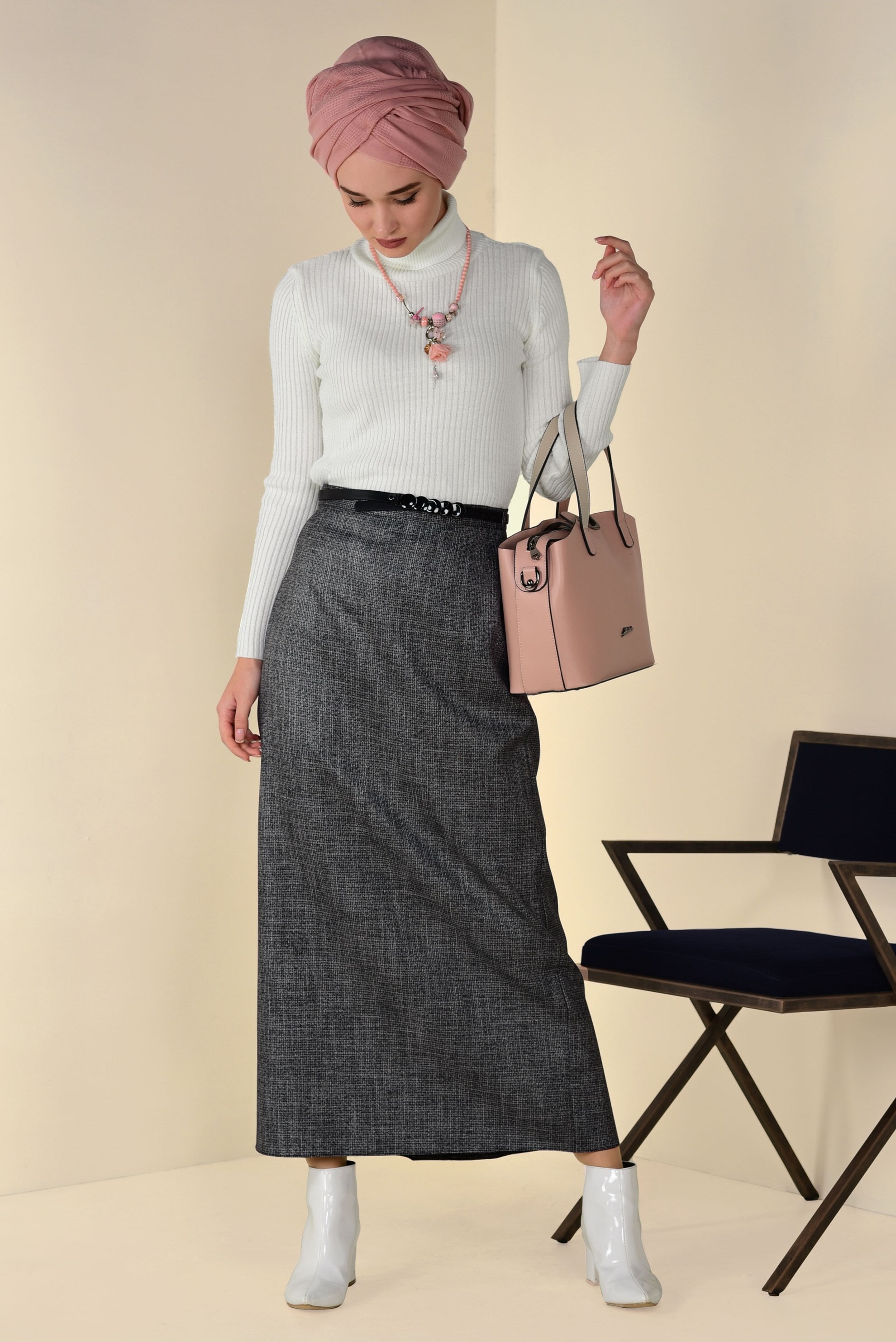 Tesettür giyim SİYAH ÇİFT RENKLİ KEMERLİ ETEK 6244