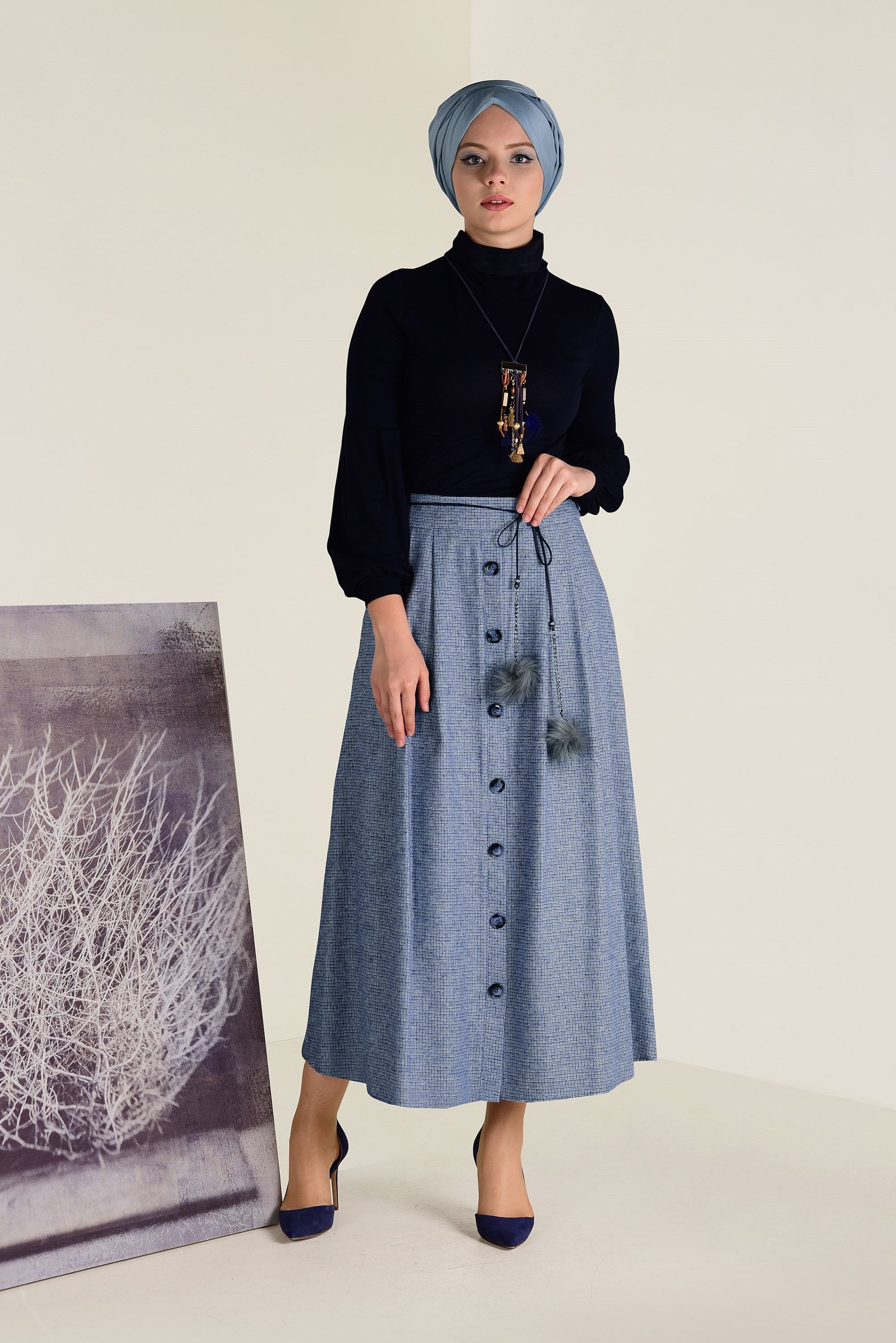 Tesettür giyim LACİVERT İNCE KEMERLİ PAMUKLU ETEK 6246