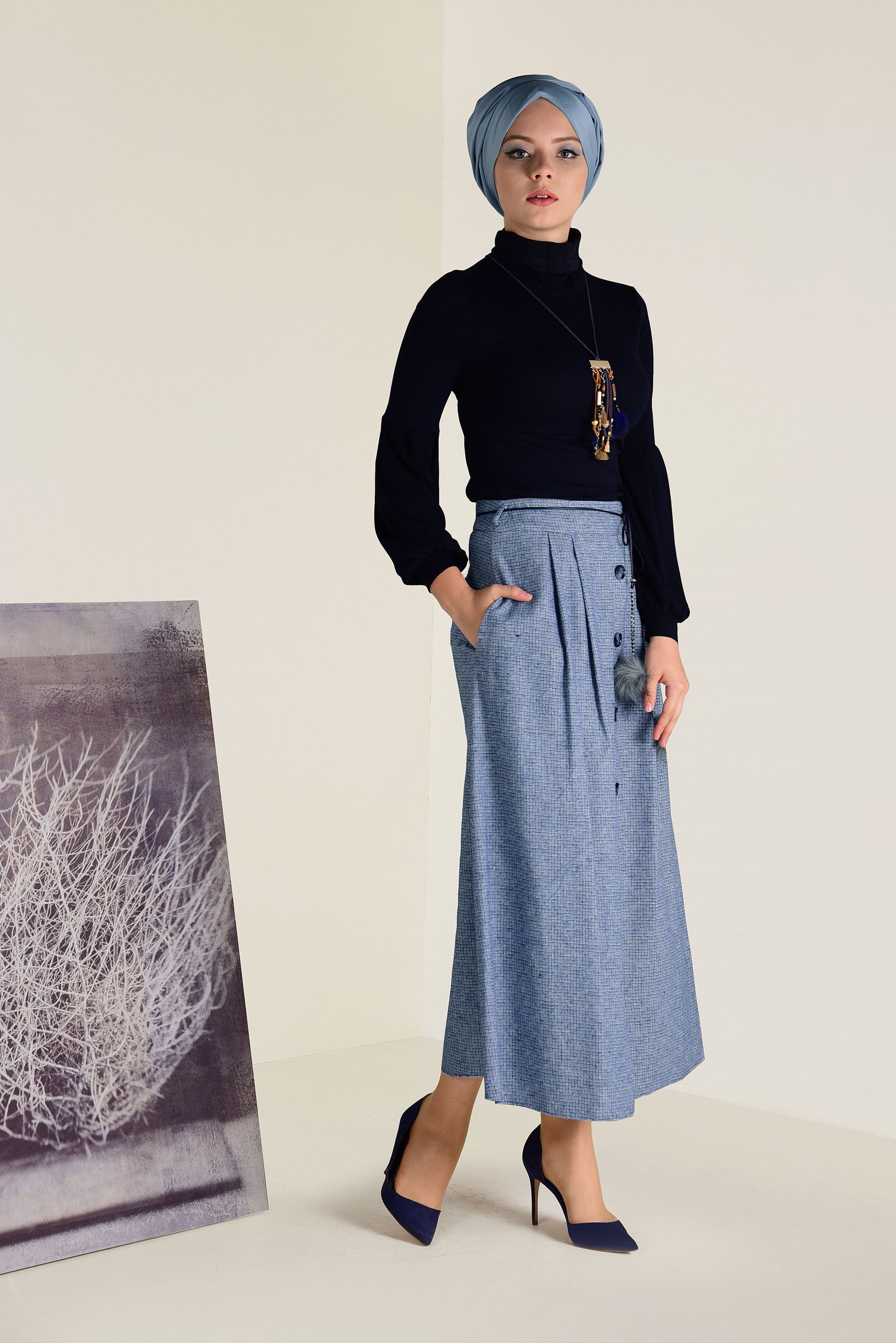 Tesettür giyim LACİVERT İNCE KEMERLİ PAMUKLU ETEK 6246