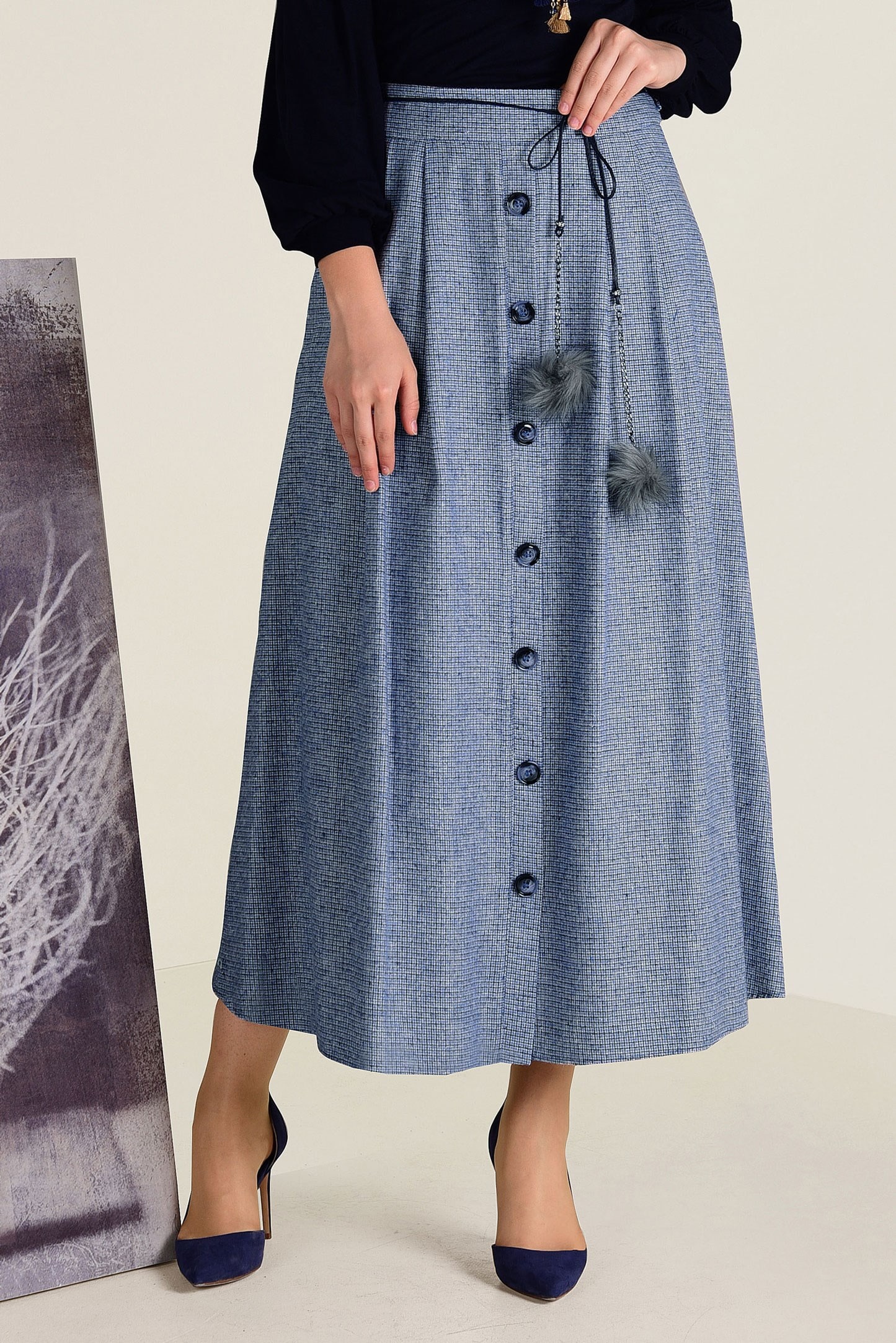 Tesettür giyim LACİVERT İNCE KEMERLİ PAMUKLU ETEK 6246