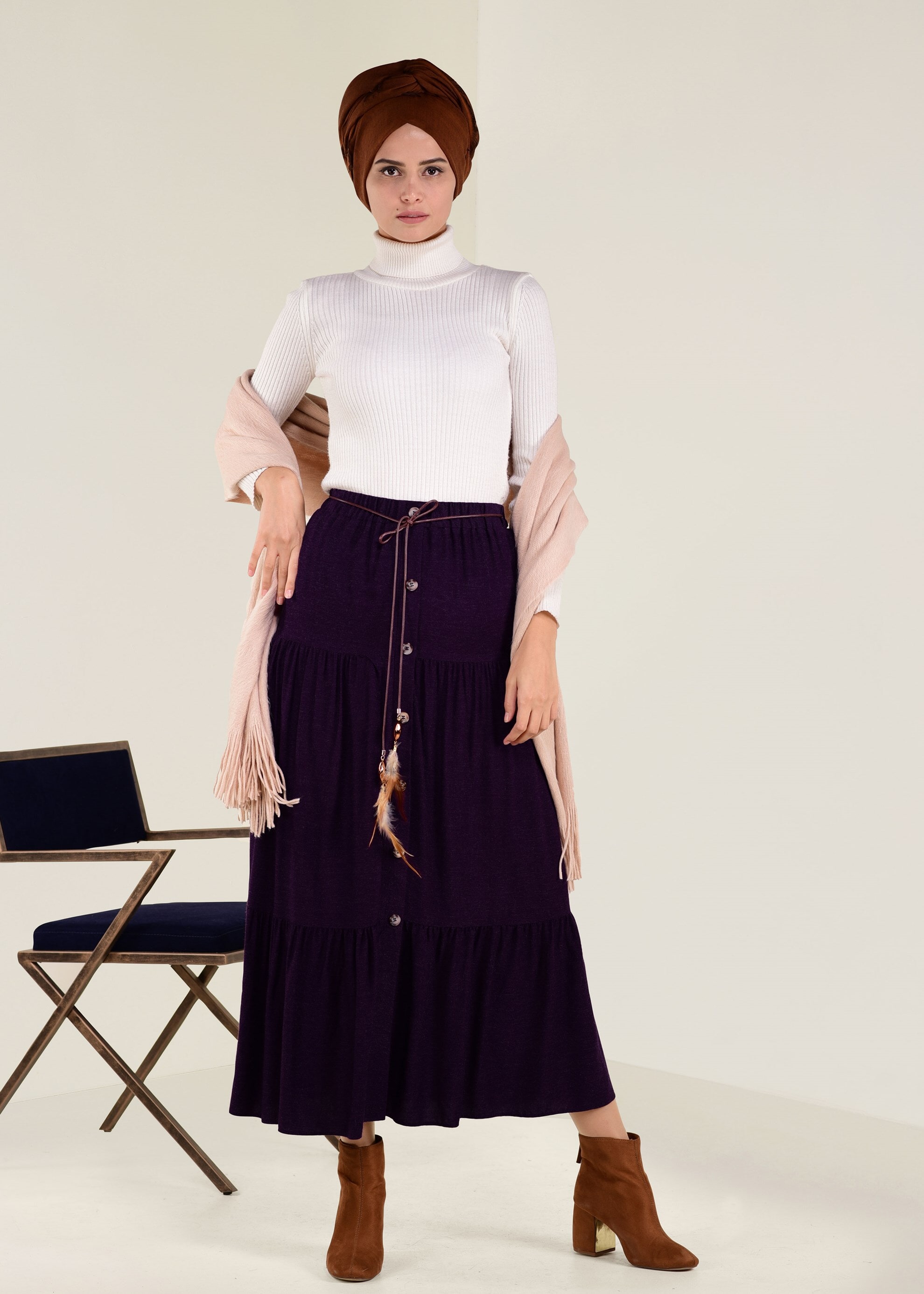 Tesettür giyim MOR YÜN VİSKON ETEK 6247