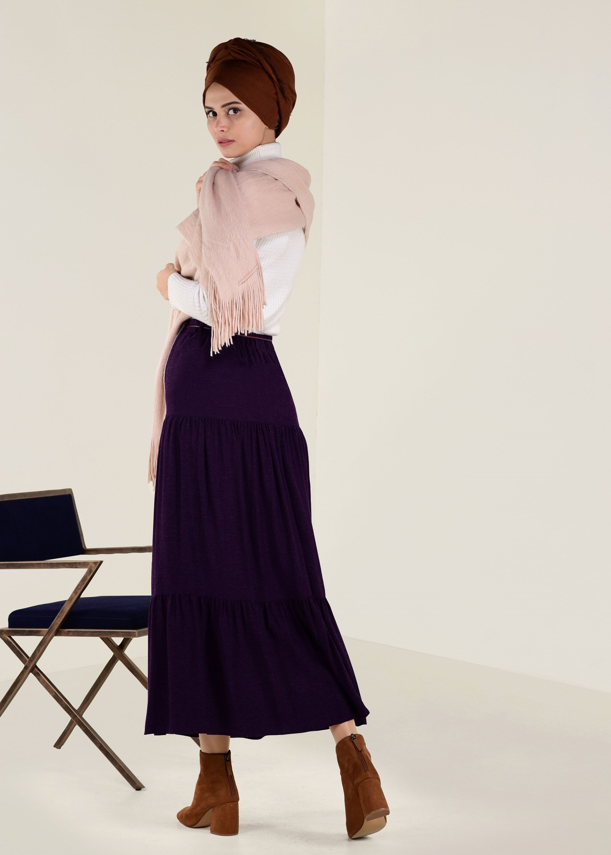 Tesettür giyim MOR YÜN VİSKON ETEK 6247