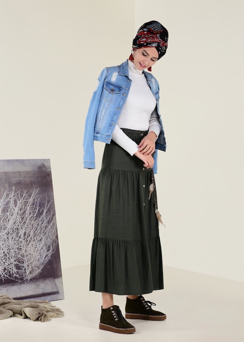 Tesettür giyim HAKİ YÜN VİSKON ETEK 6247