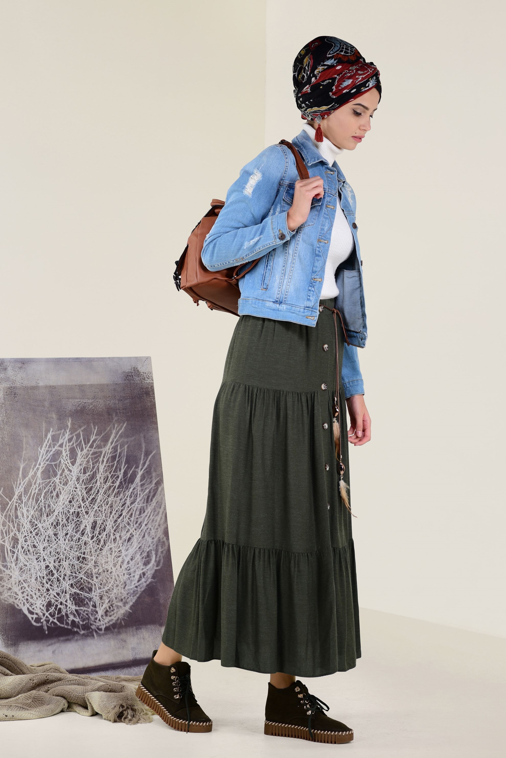 Tesettür giyim HAKİ YÜN VİSKON ETEK 6247