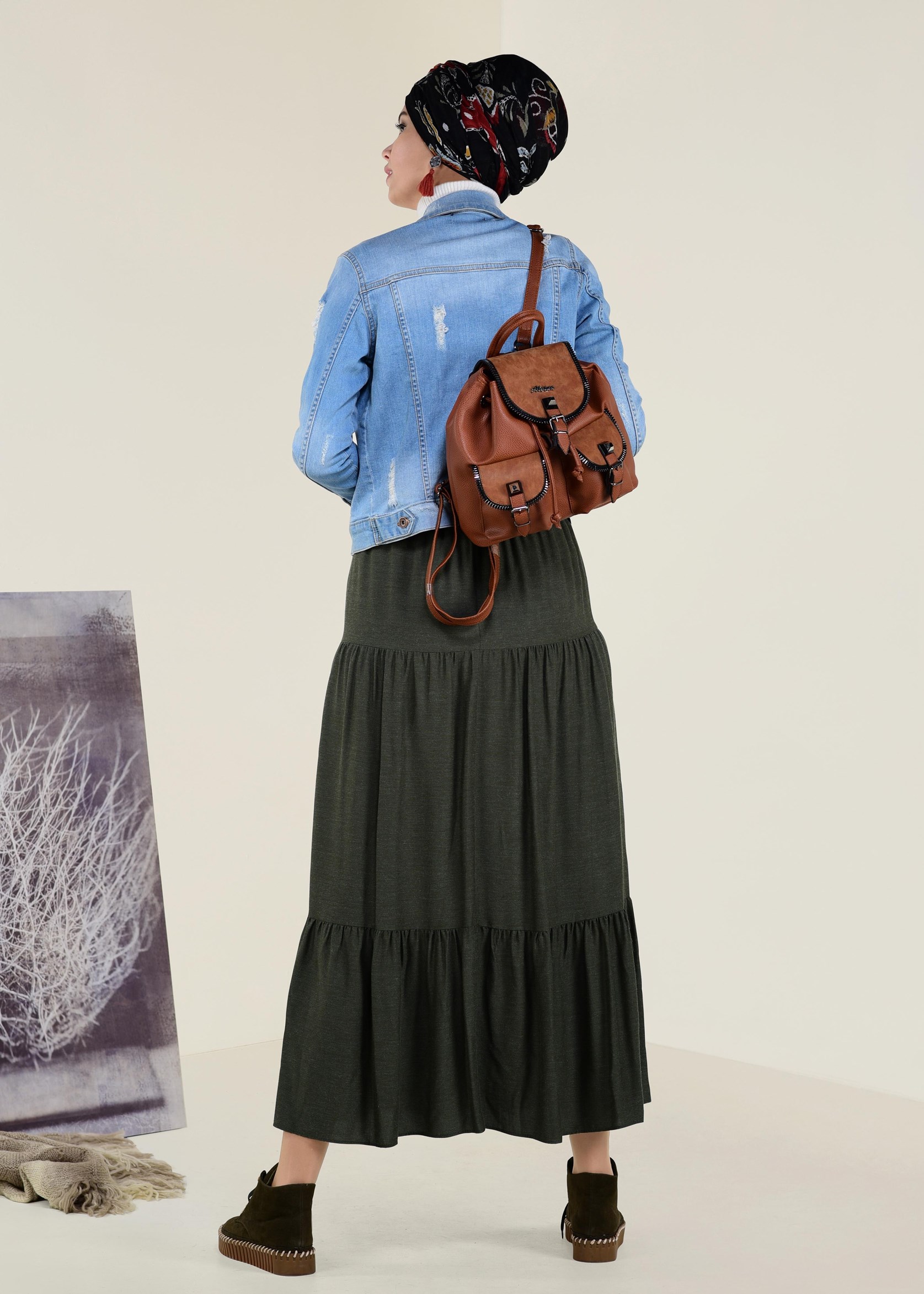 Tesettür giyim HAKİ YÜN VİSKON ETEK 6247