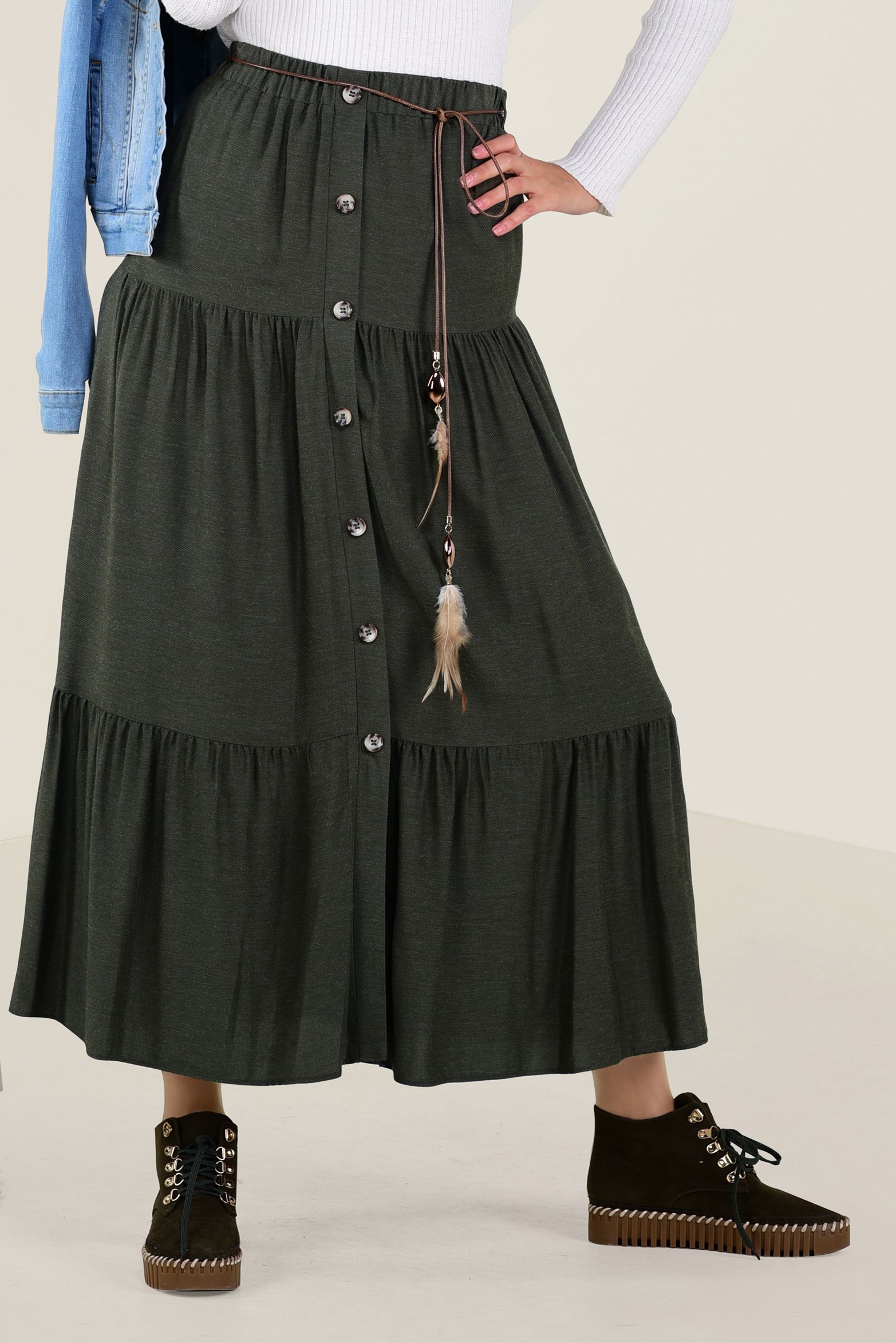 Tesettür giyim HAKİ YÜN VİSKON ETEK 6247