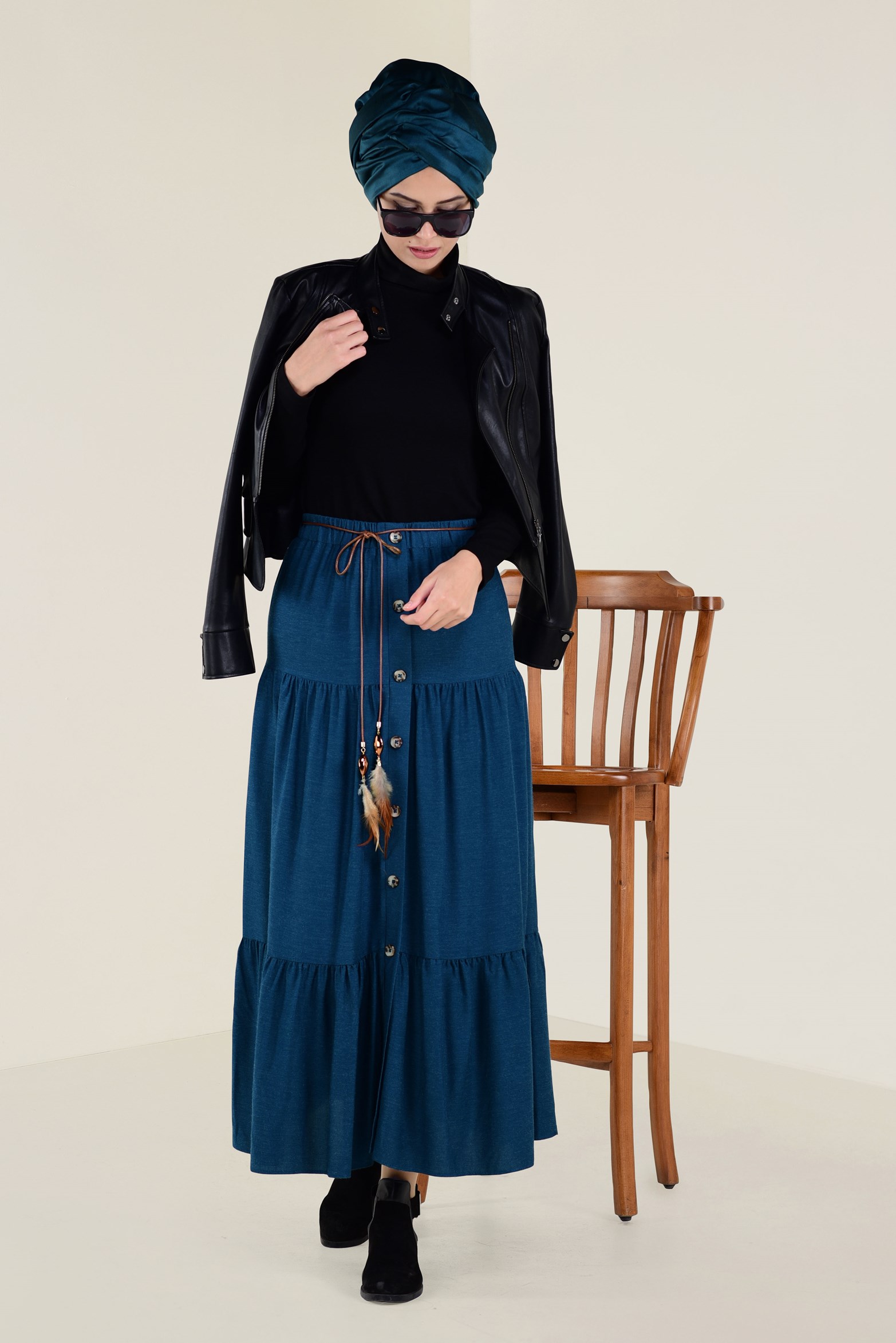 Tesettür giyim MAVİ YÜN VİSKON ETEK 6247