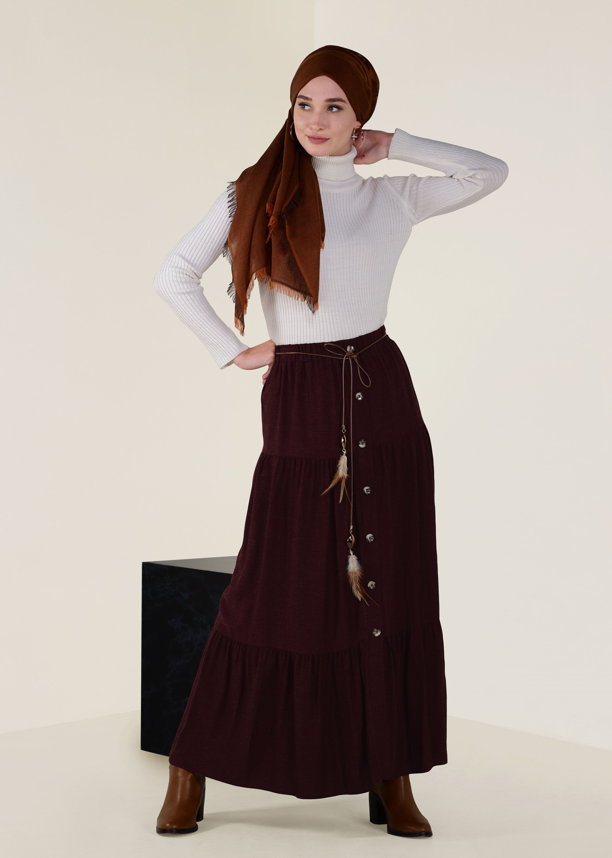 Tesettür giyim BORDO YÜN VİSKON ETEK 6247