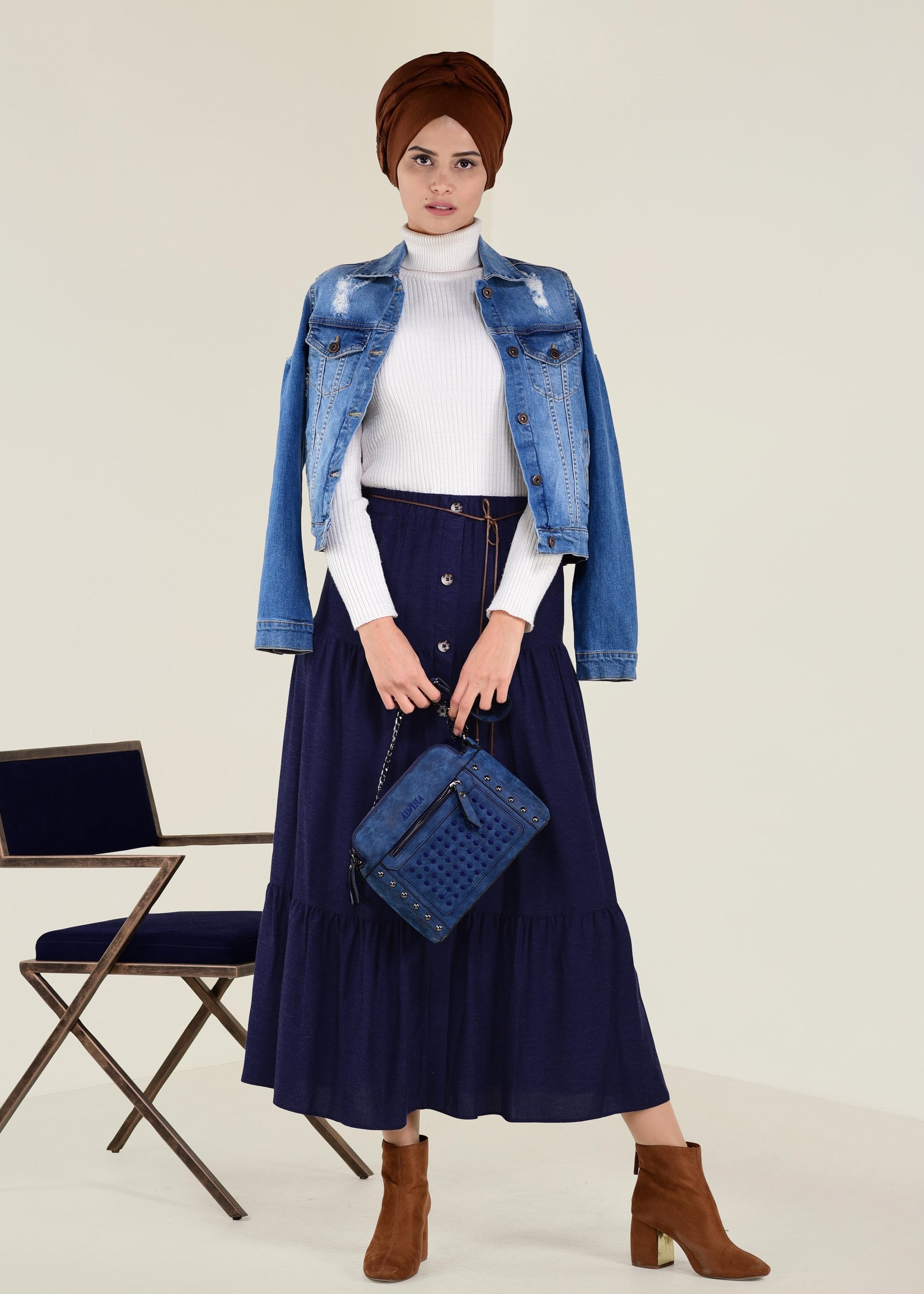 Tesettür giyim LACİVERT YÜN VİSKON ETEK 6247