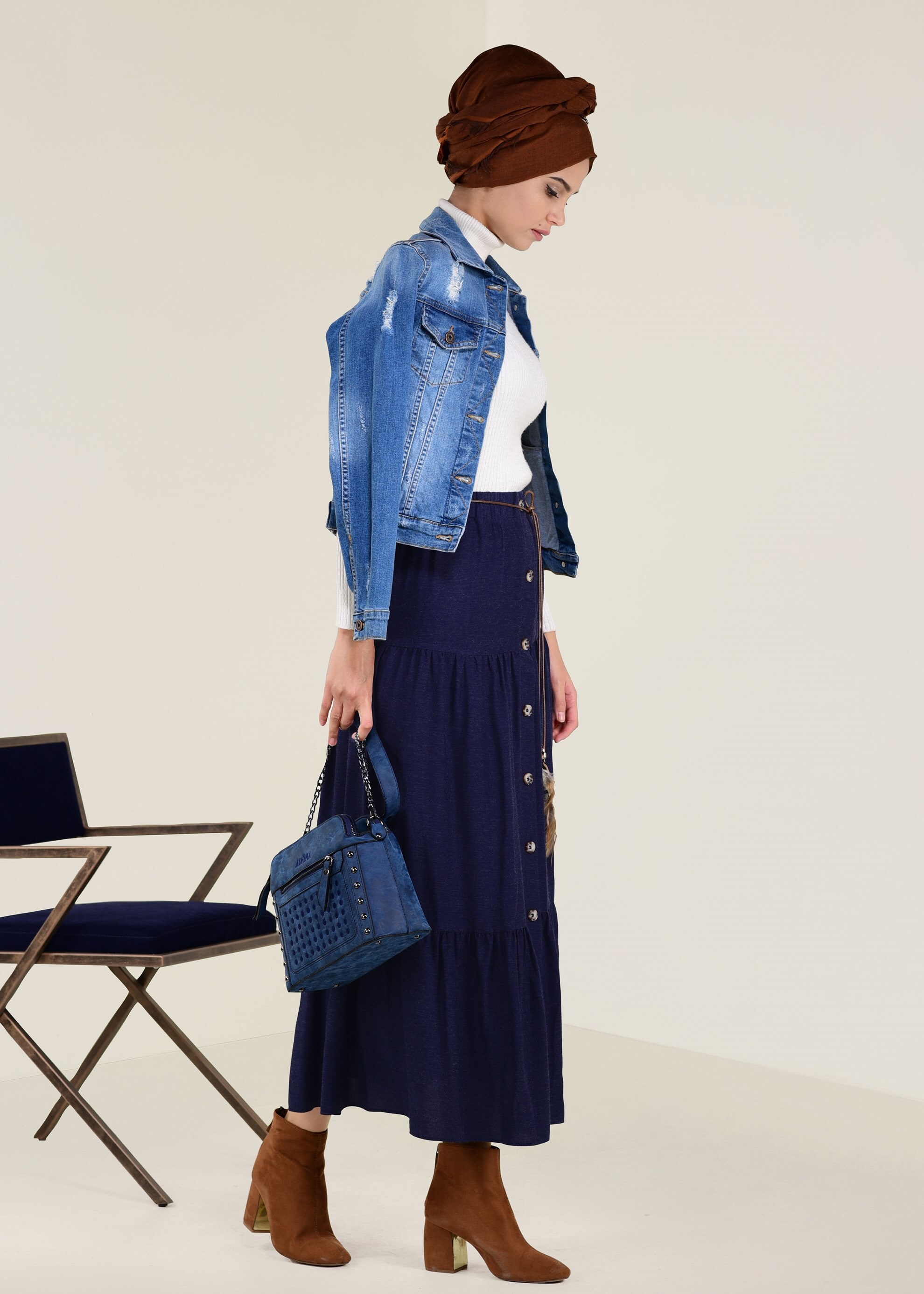 Tesettür giyim LACİVERT YÜN VİSKON ETEK 6247