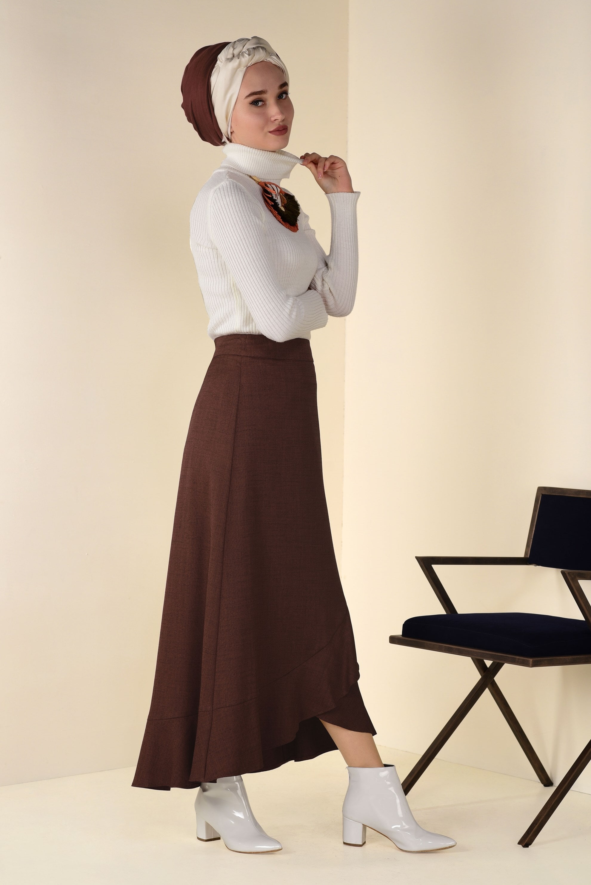 Tesettür giyim TURUNCU VOLANLI ASİMETRİK ETEK 6248