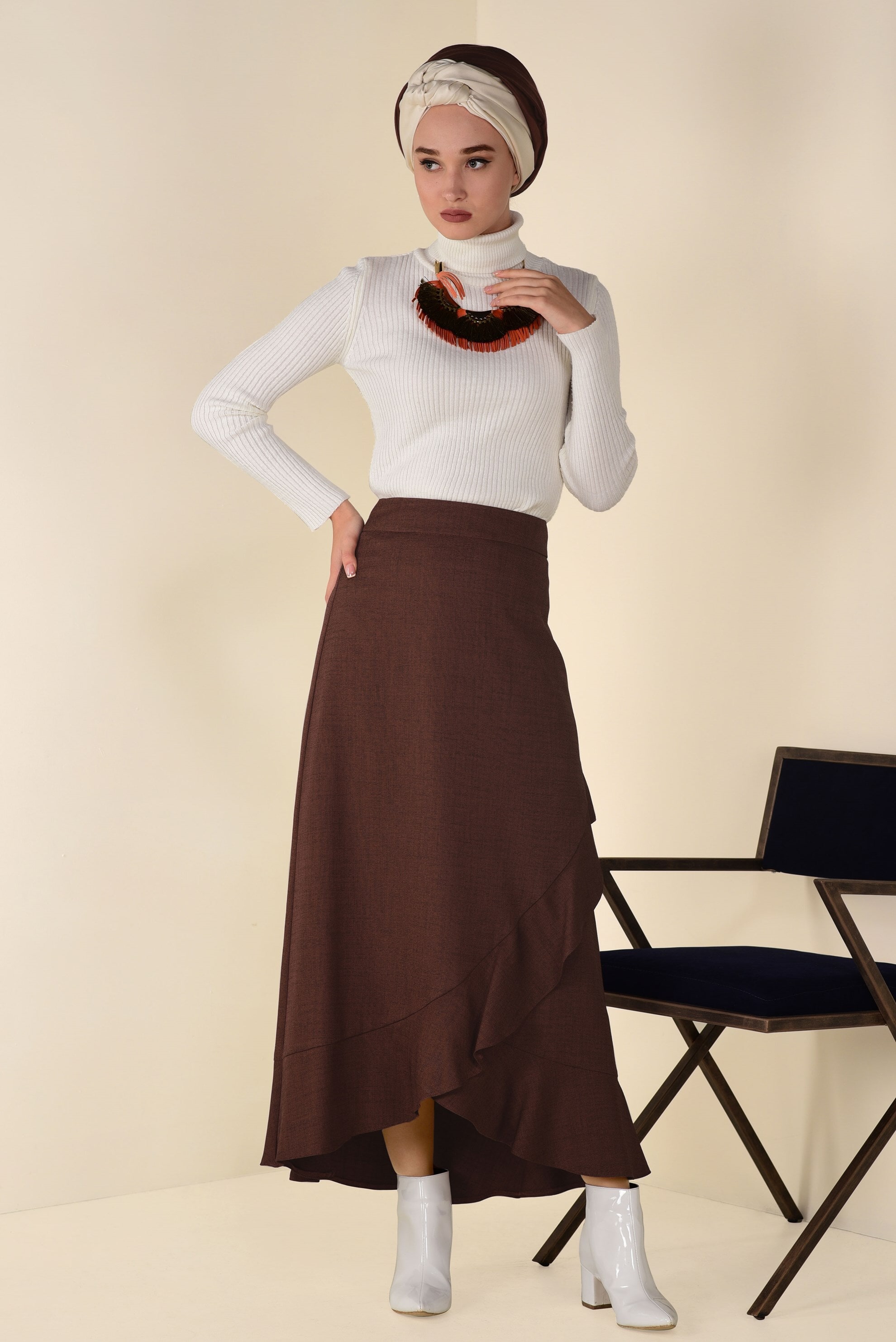 Tesettür giyim TURUNCU VOLANLI ASİMETRİK ETEK 6248