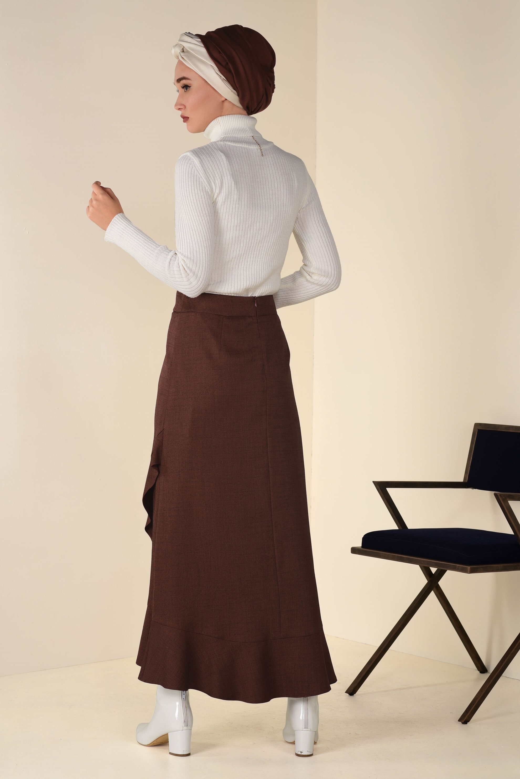 Tesettür giyim TURUNCU VOLANLI ASİMETRİK ETEK 6248