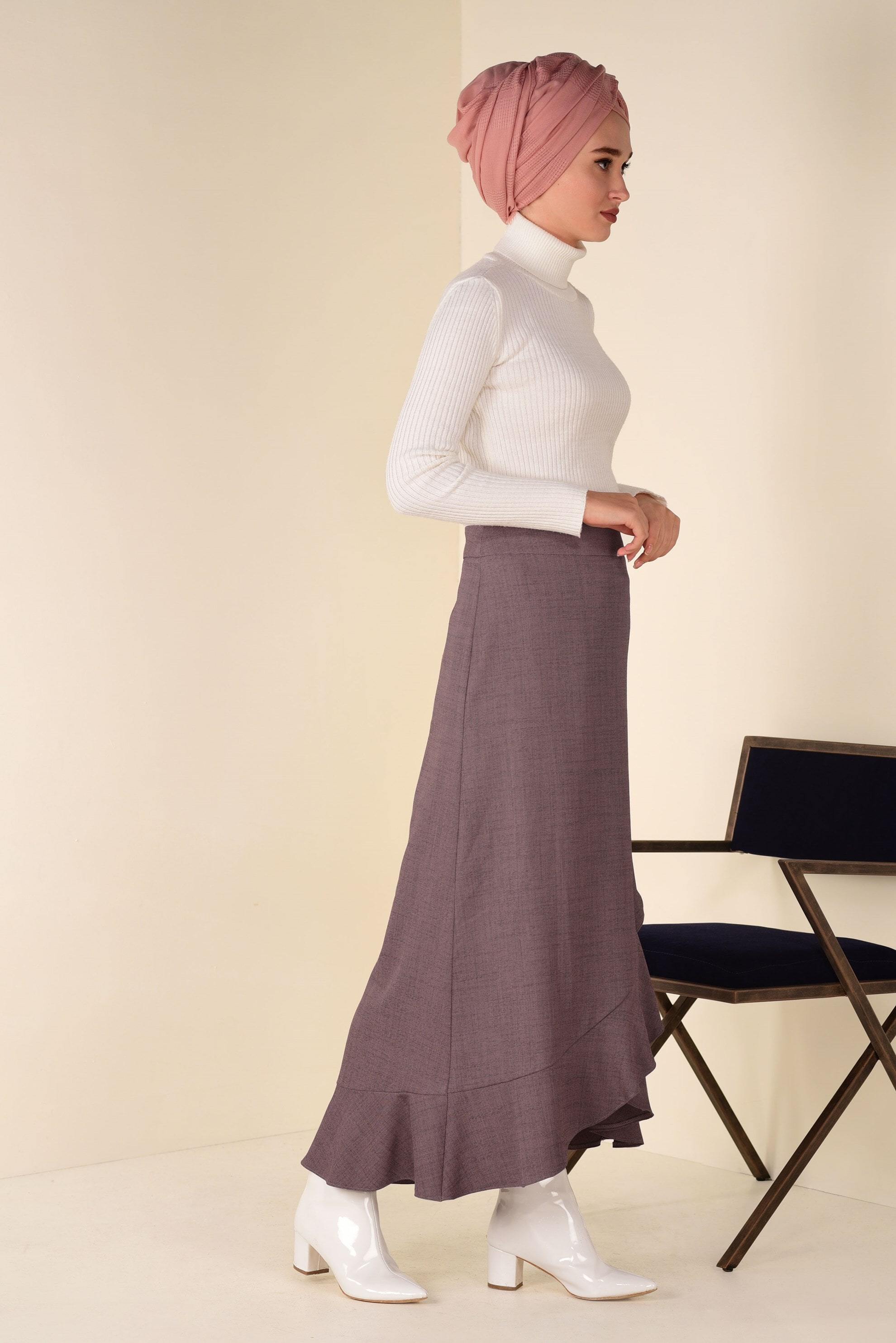 Tesettür giyim PUDRA VOLANLI ASİMETRİK ETEK 6248