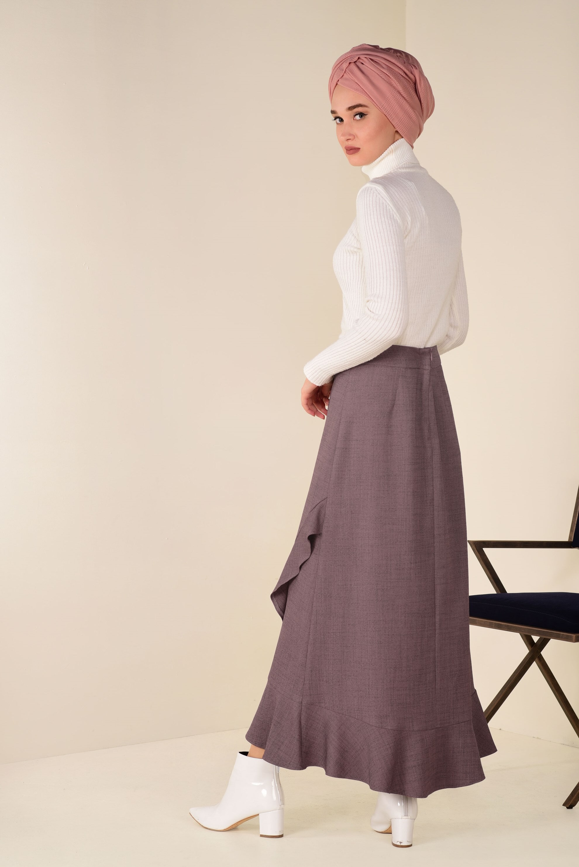 Tesettür giyim PUDRA VOLANLI ASİMETRİK ETEK 6248
