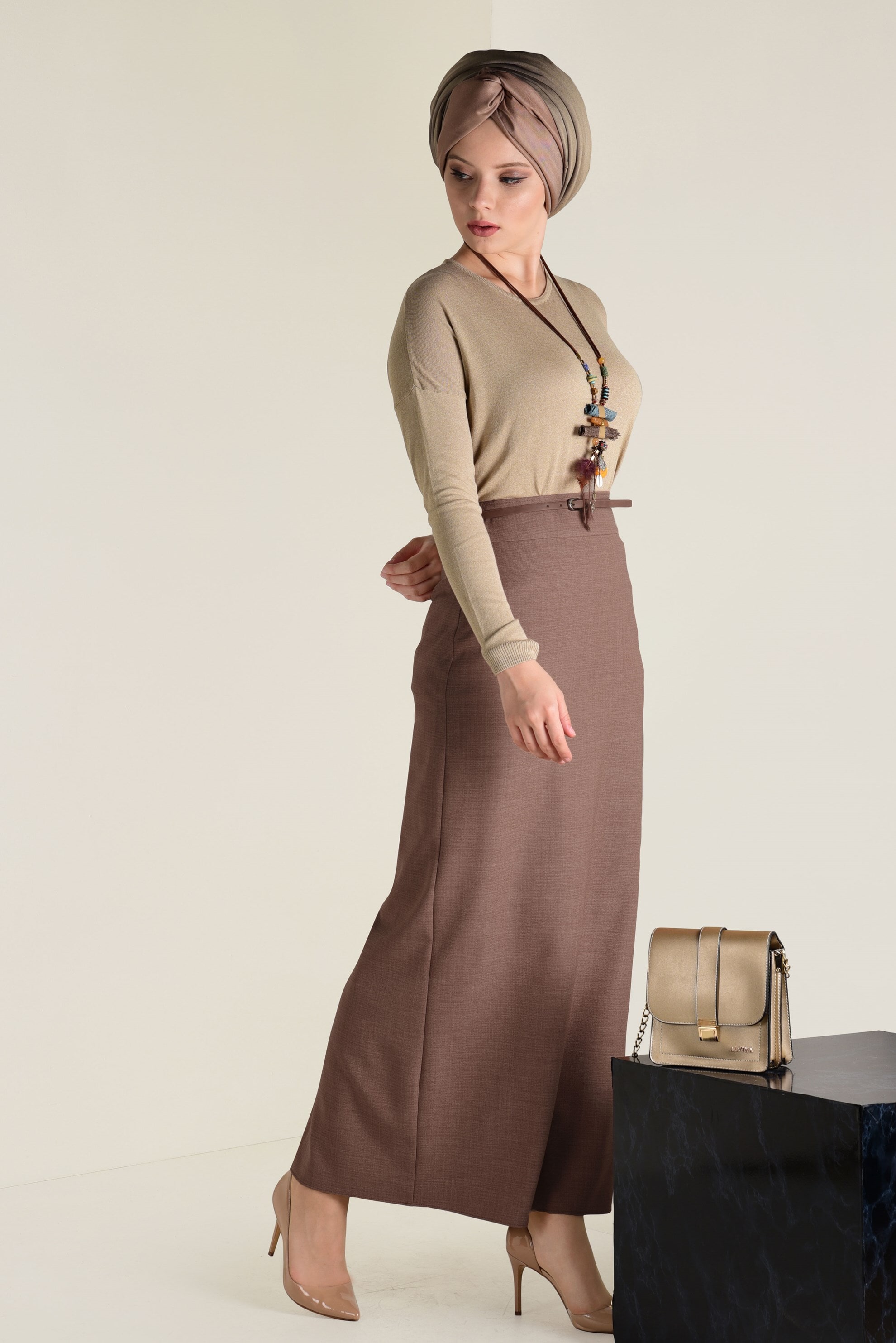 Tesettür giyim KAHVE KALEM ETEK 6250