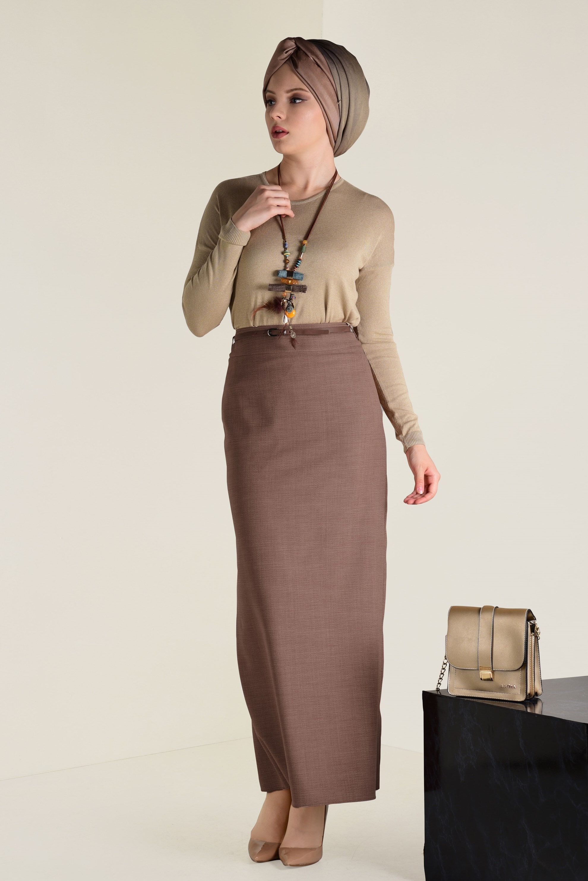 Tesettür giyim KAHVE KALEM ETEK 6250