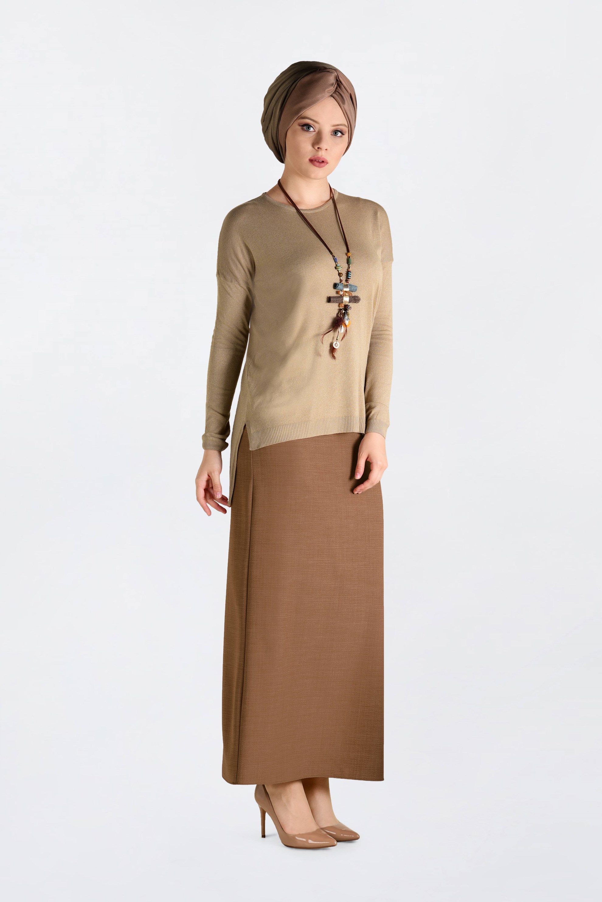 Tesettür giyim KAHVE KALEM ETEK 6250